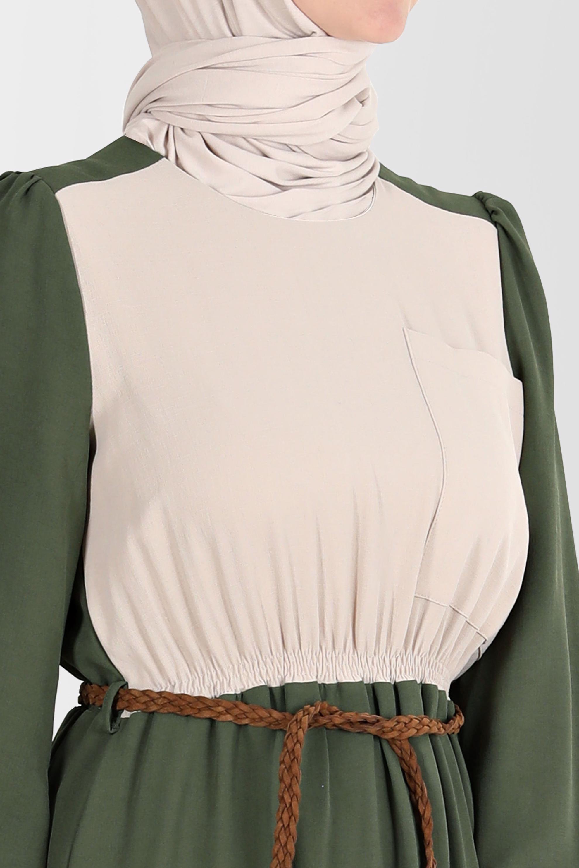 Tesettür giyim HAKİ İKİ RENKLİ BELİ LASTİKLİ ELBİSE 42610 