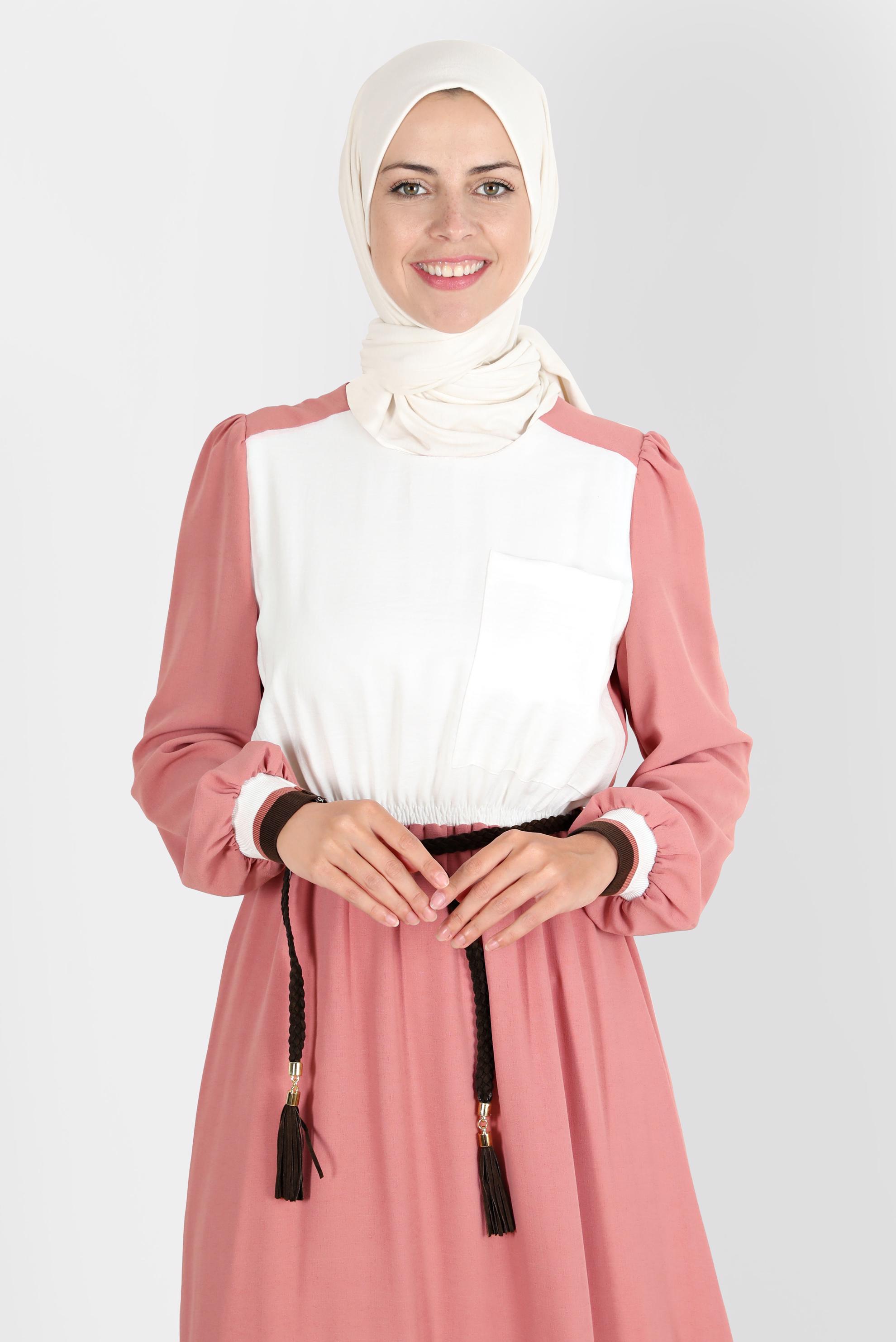 Tesettür giyim PUDRA İKİ RENKLİ BELİ LASTİKLİ ELBİSE 42610 