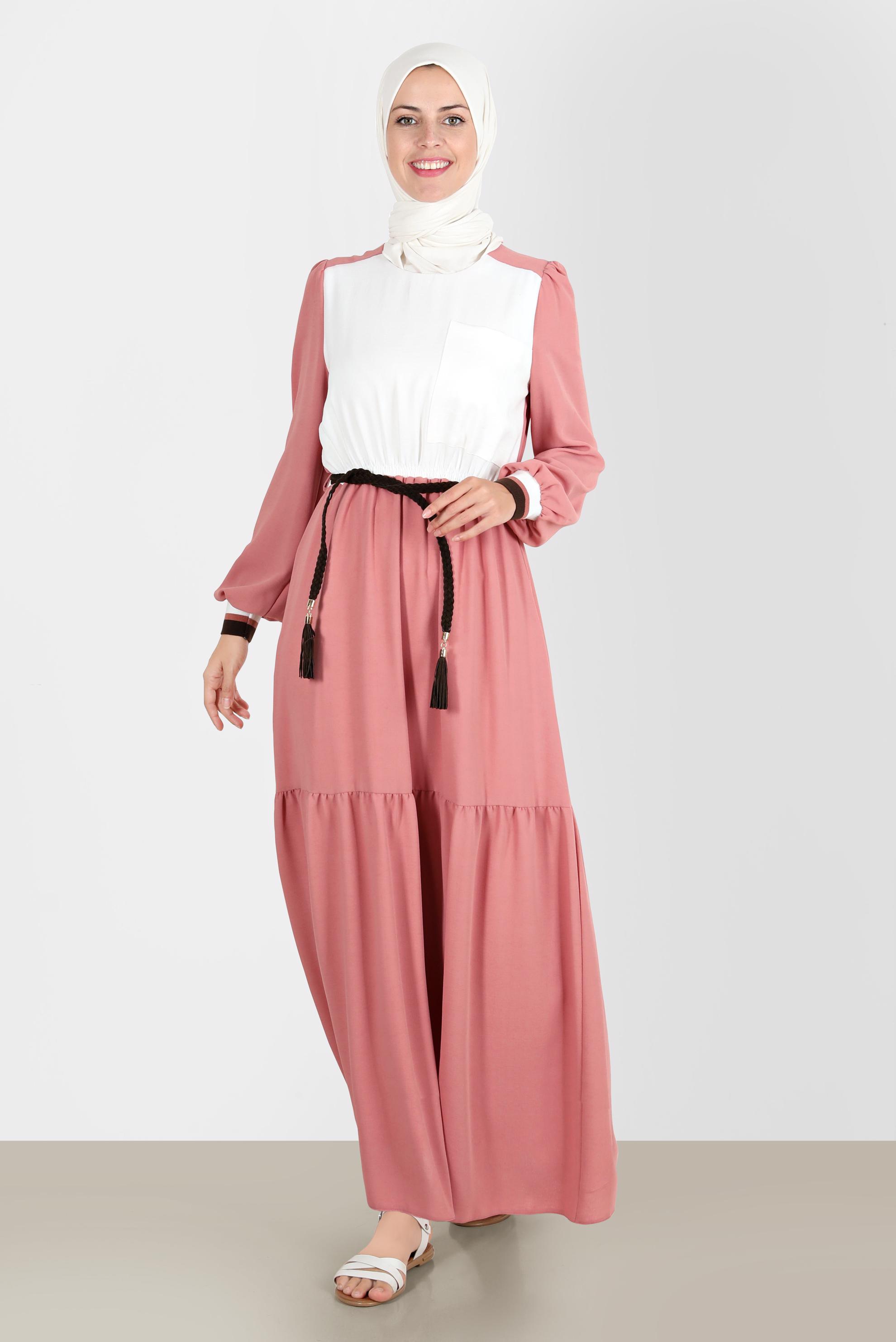 Tesettür giyim PUDRA İKİ RENKLİ BELİ LASTİKLİ ELBİSE 42610 