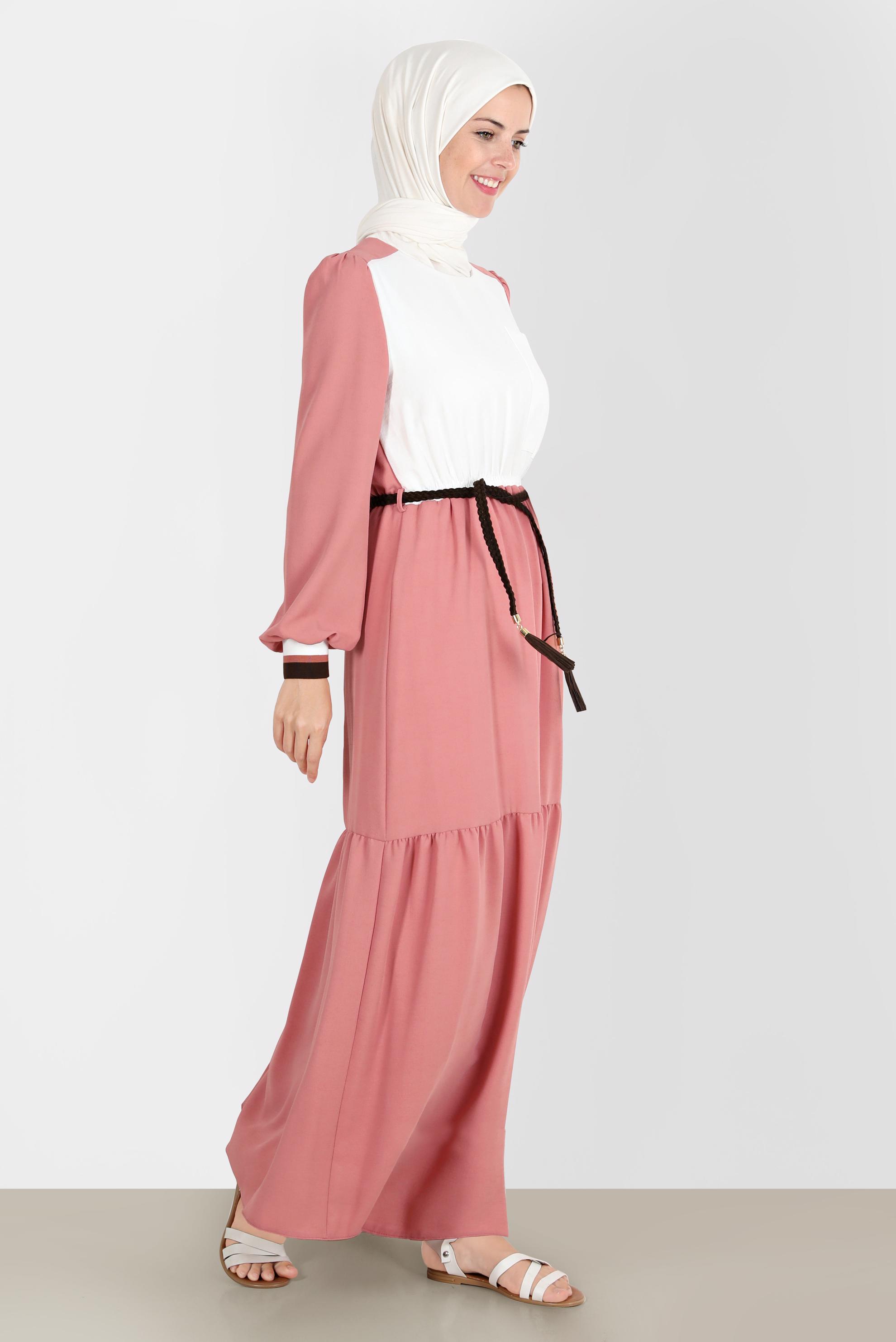 Tesettür giyim PUDRA İKİ RENKLİ BELİ LASTİKLİ ELBİSE 42610 