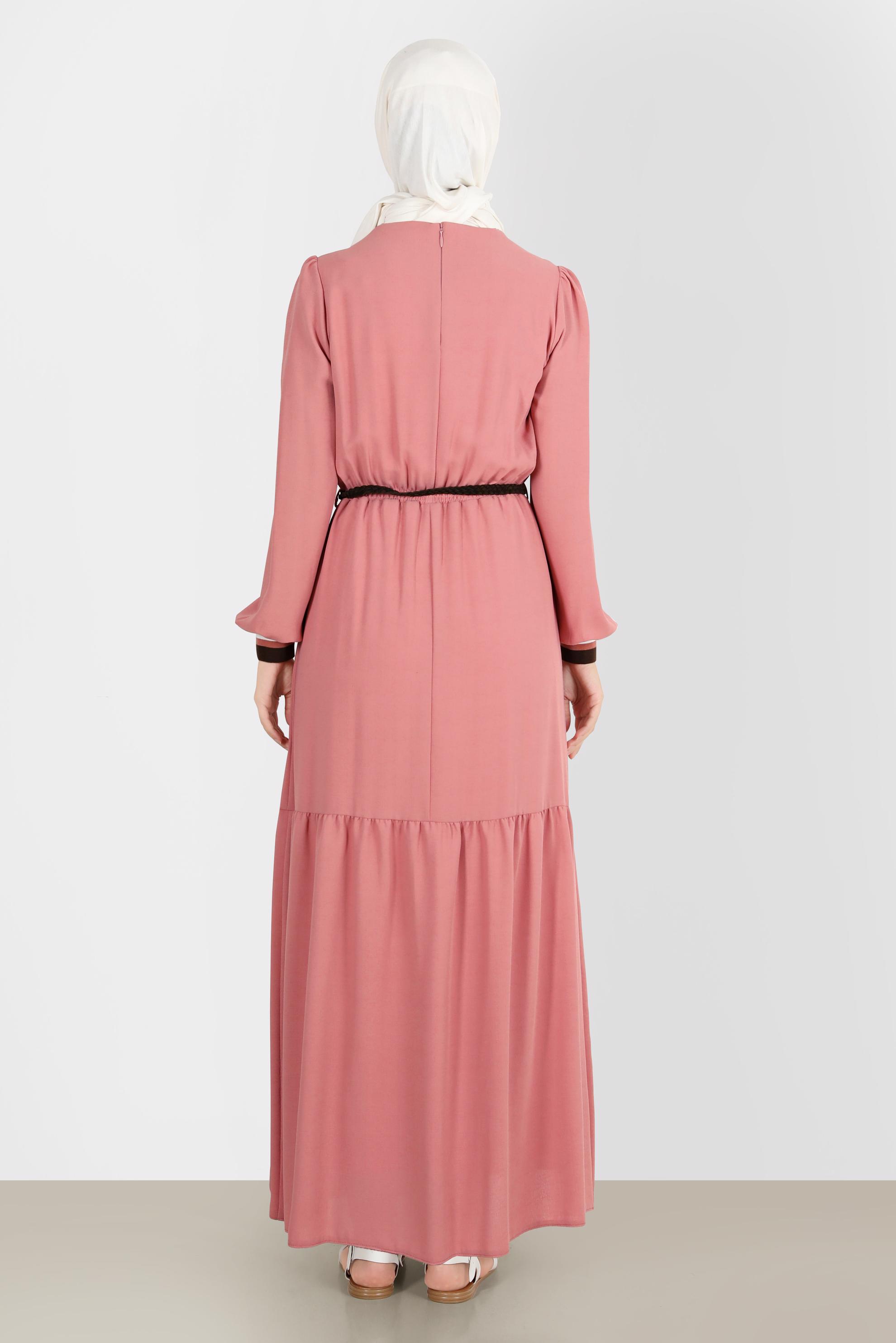 Tesettür giyim PUDRA İKİ RENKLİ BELİ LASTİKLİ ELBİSE 42610 