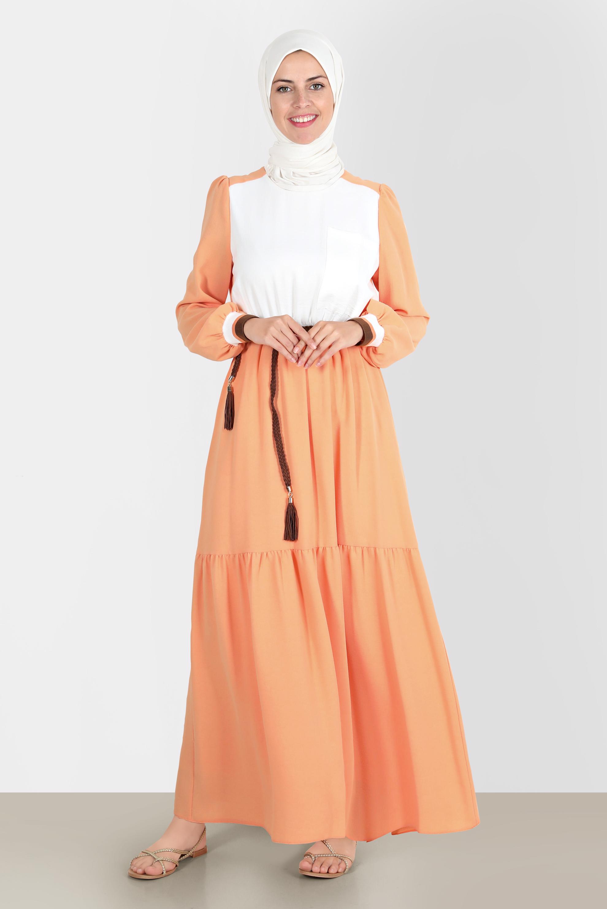 Tesettür giyim TURUNCU İKİ RENKLİ BELİ LASTİKLİ ELBİSE 42610 