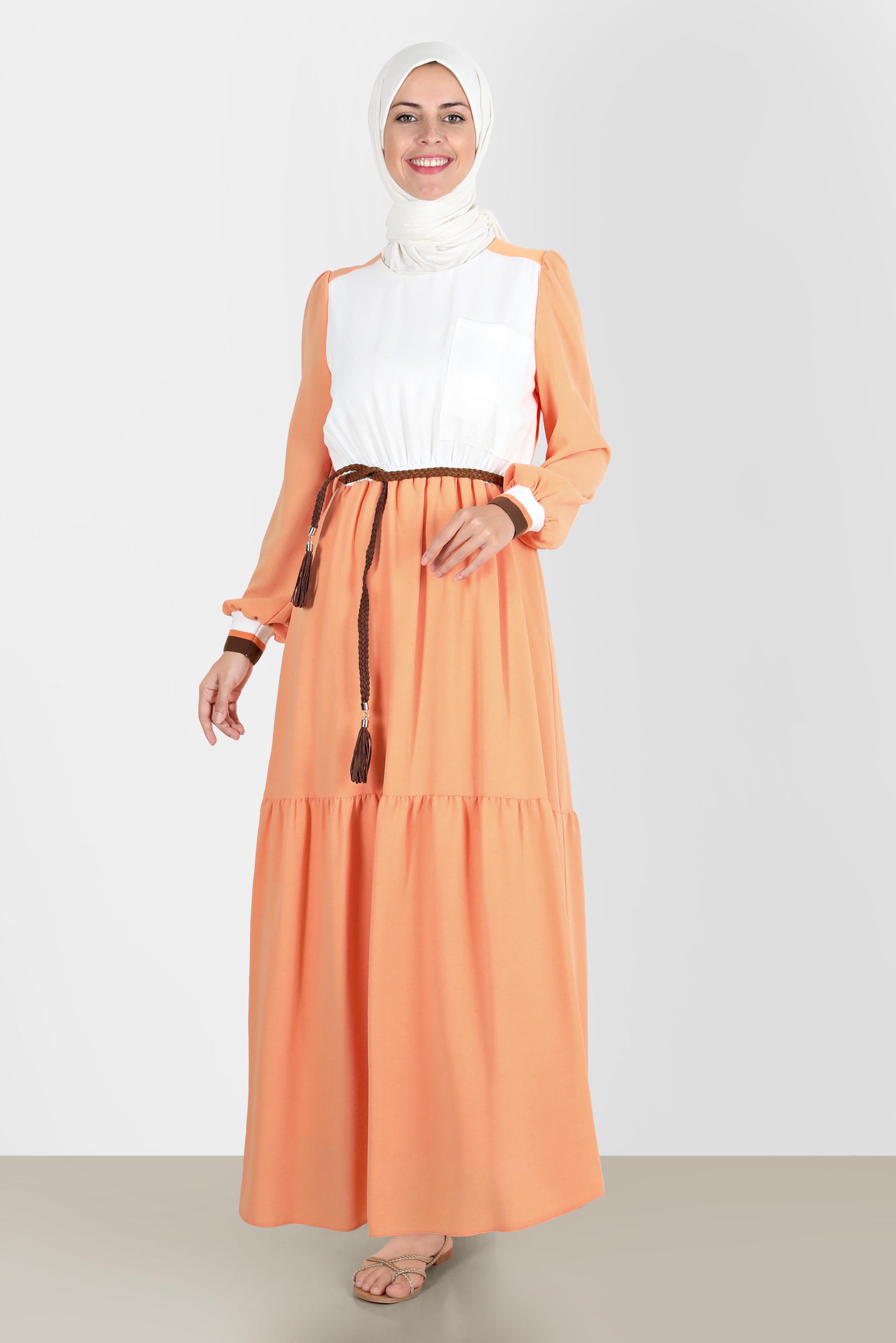 Tesettür giyim TURUNCU İKİ RENKLİ BELİ LASTİKLİ ELBİSE 42610 