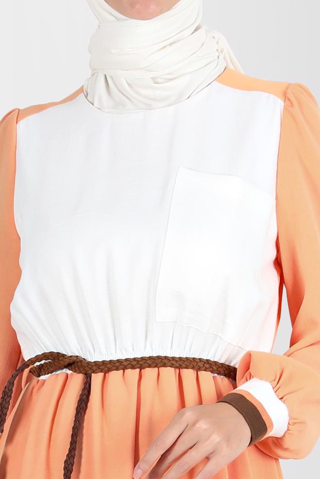 Tesettür giyim BEJ İKİ RENKLİ BELİ LASTİKLİ ELBİSE 42610  - ALVİNA