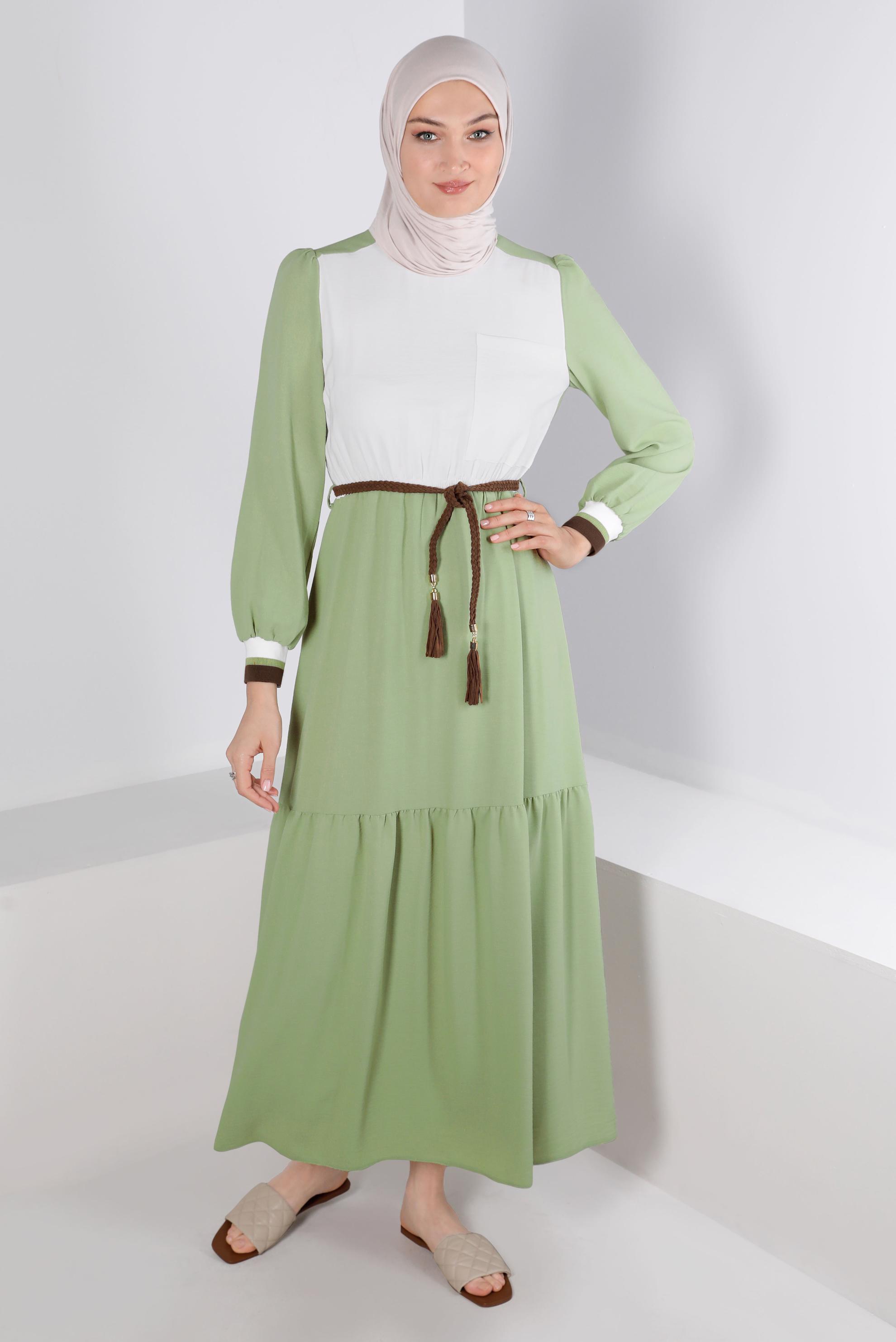 Tesettür giyim YEŞİL İKİ RENKLİ BELİ LASTİKLİ ELBİSE 42610 
