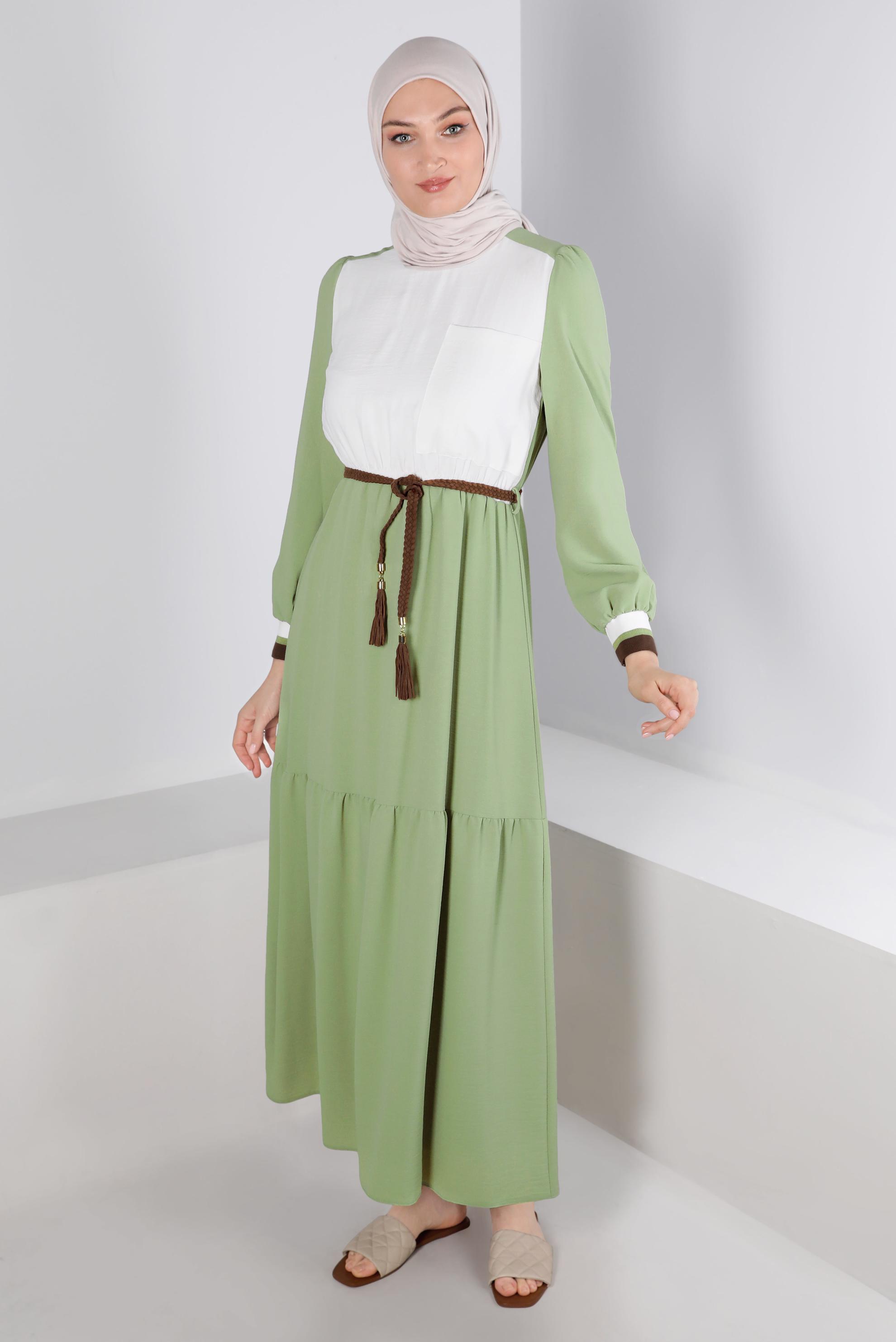 Tesettür giyim YEŞİL İKİ RENKLİ BELİ LASTİKLİ ELBİSE 42610 