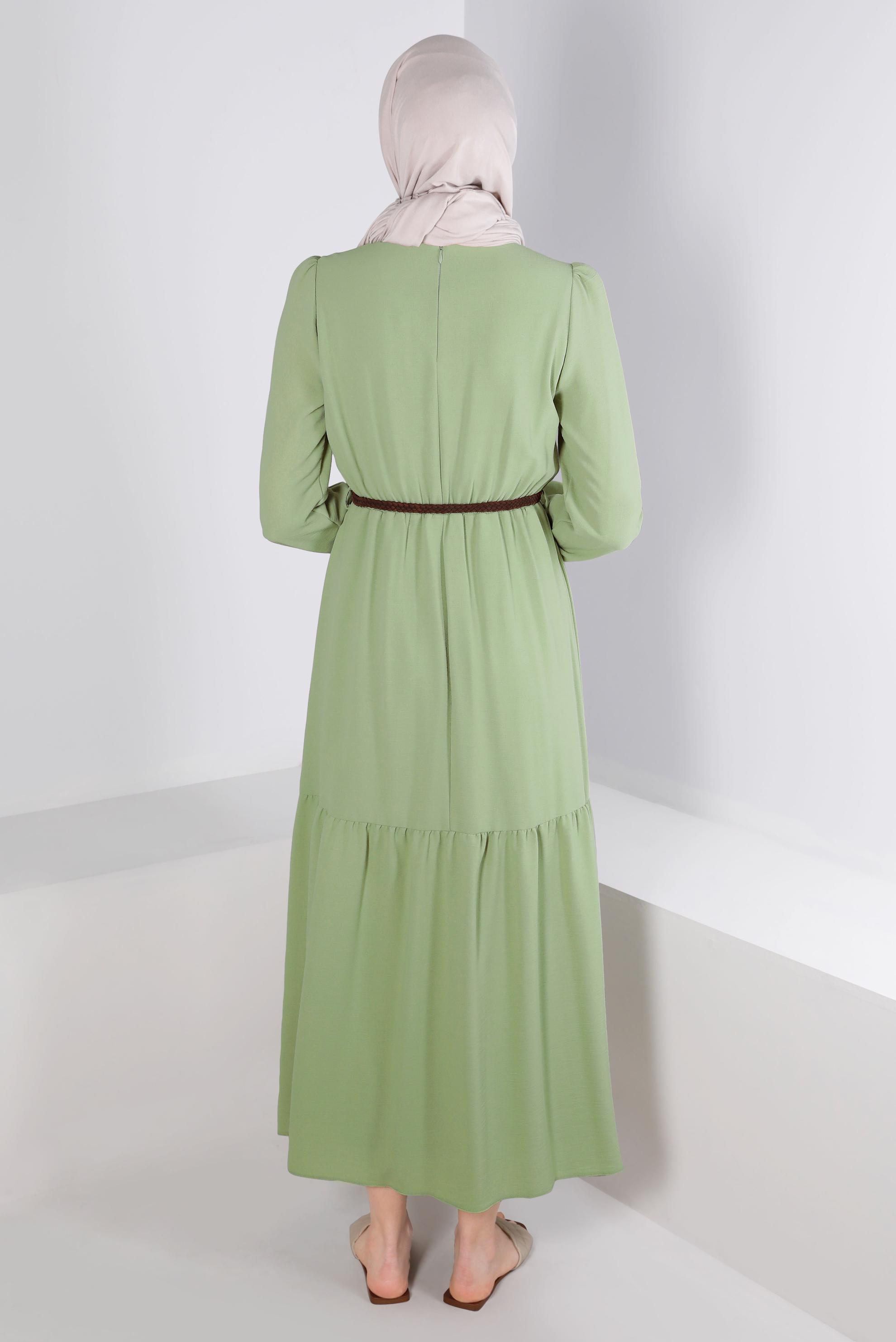 Tesettür giyim YEŞİL İKİ RENKLİ BELİ LASTİKLİ ELBİSE 42610 