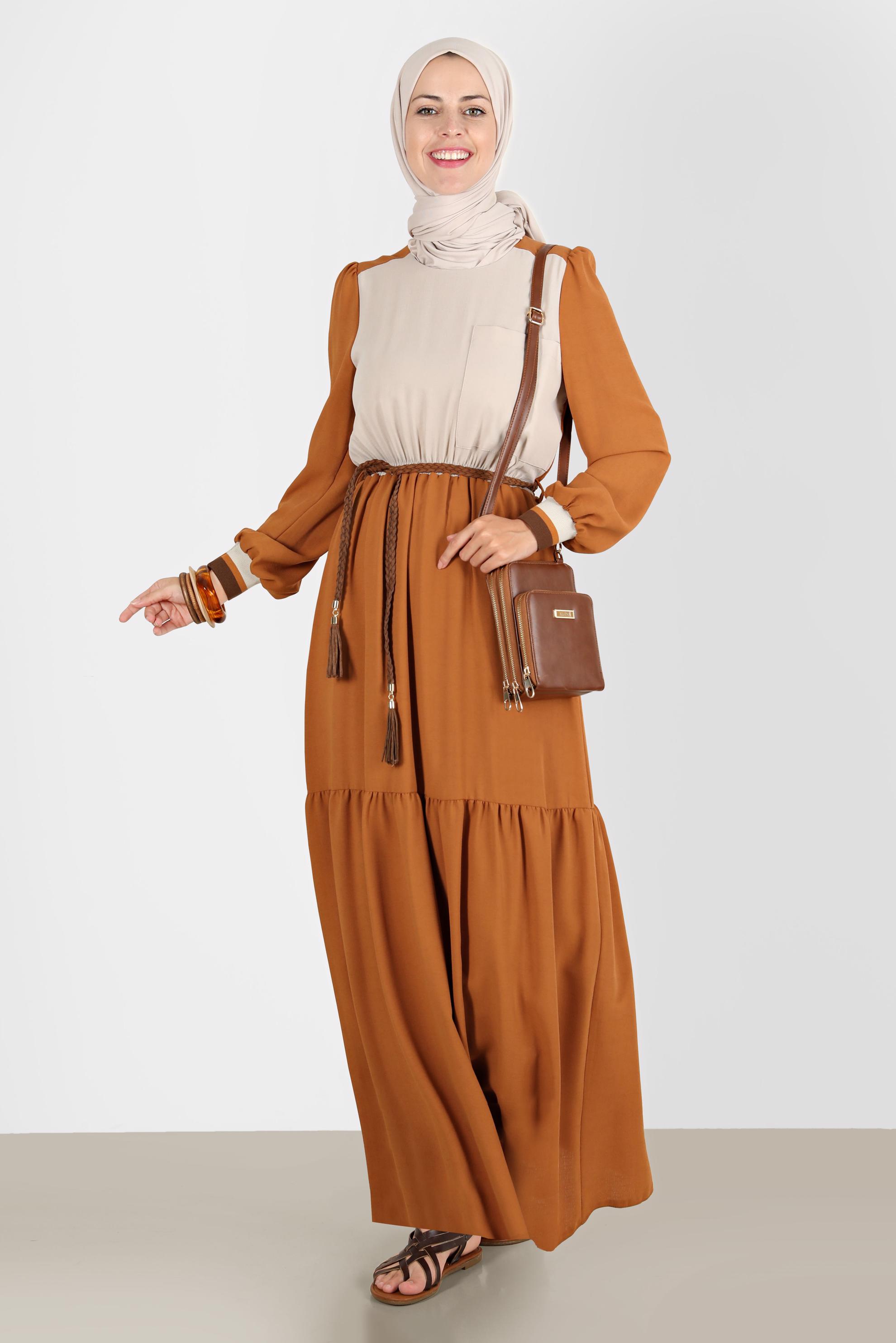 Hijab clothing BROWN DOUBLE COLOR ELASTIC WAIST DRESS 42610 