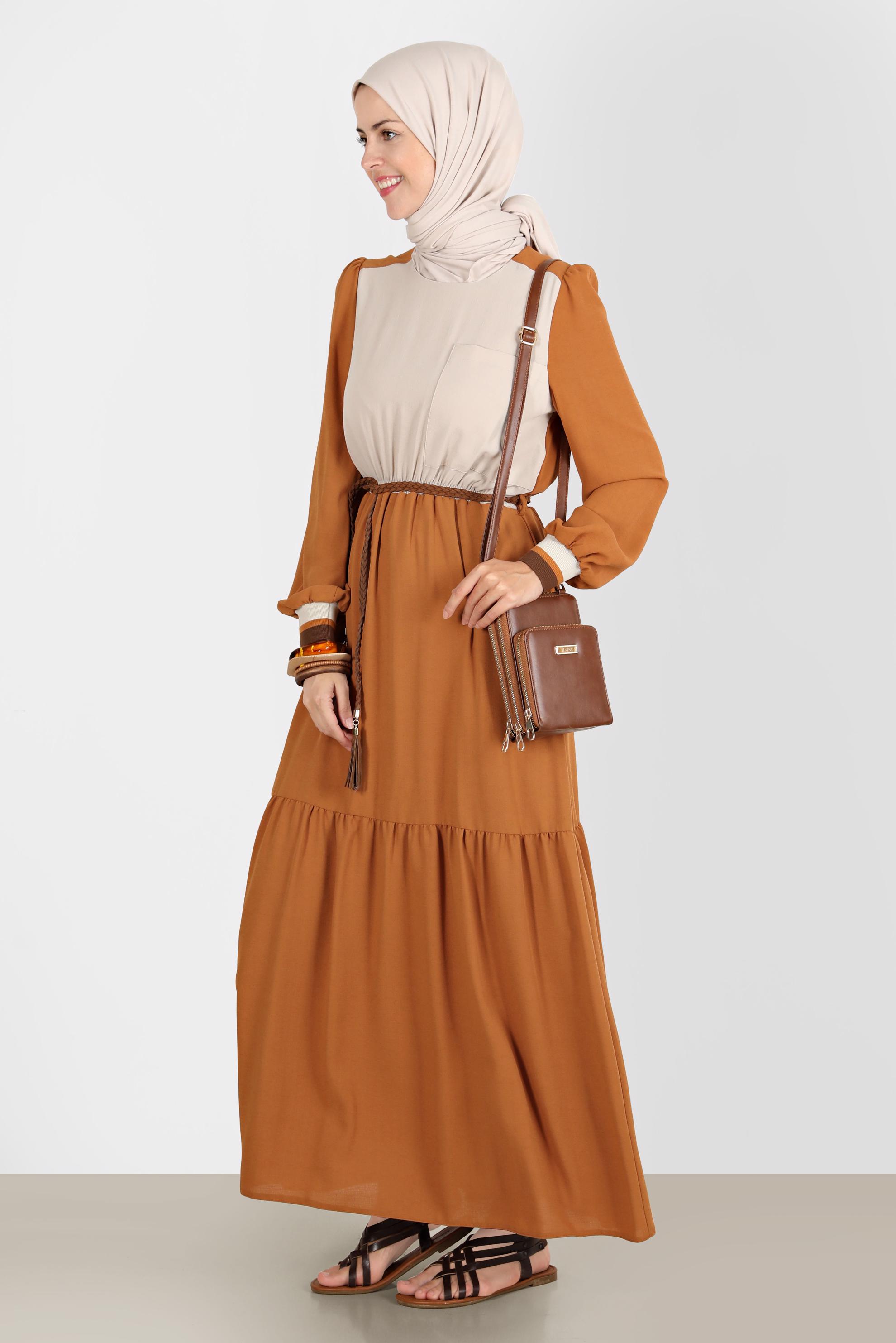 Hijab clothing BROWN DOUBLE COLOR ELASTIC WAIST DRESS 42610 