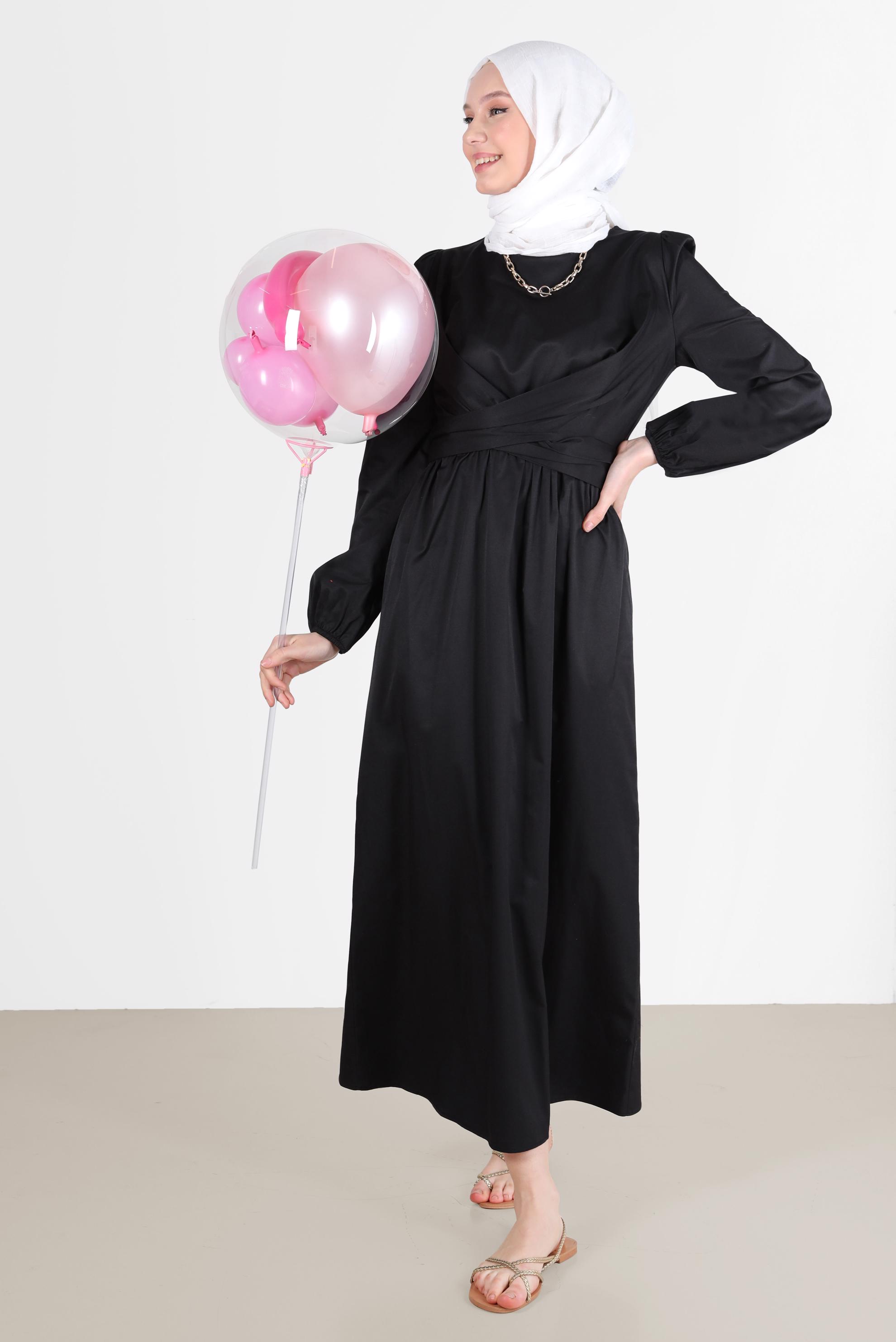 Tesettür giyim SİYAH ÇAPRAZ BAĞLAMALI ELBİSE 42611