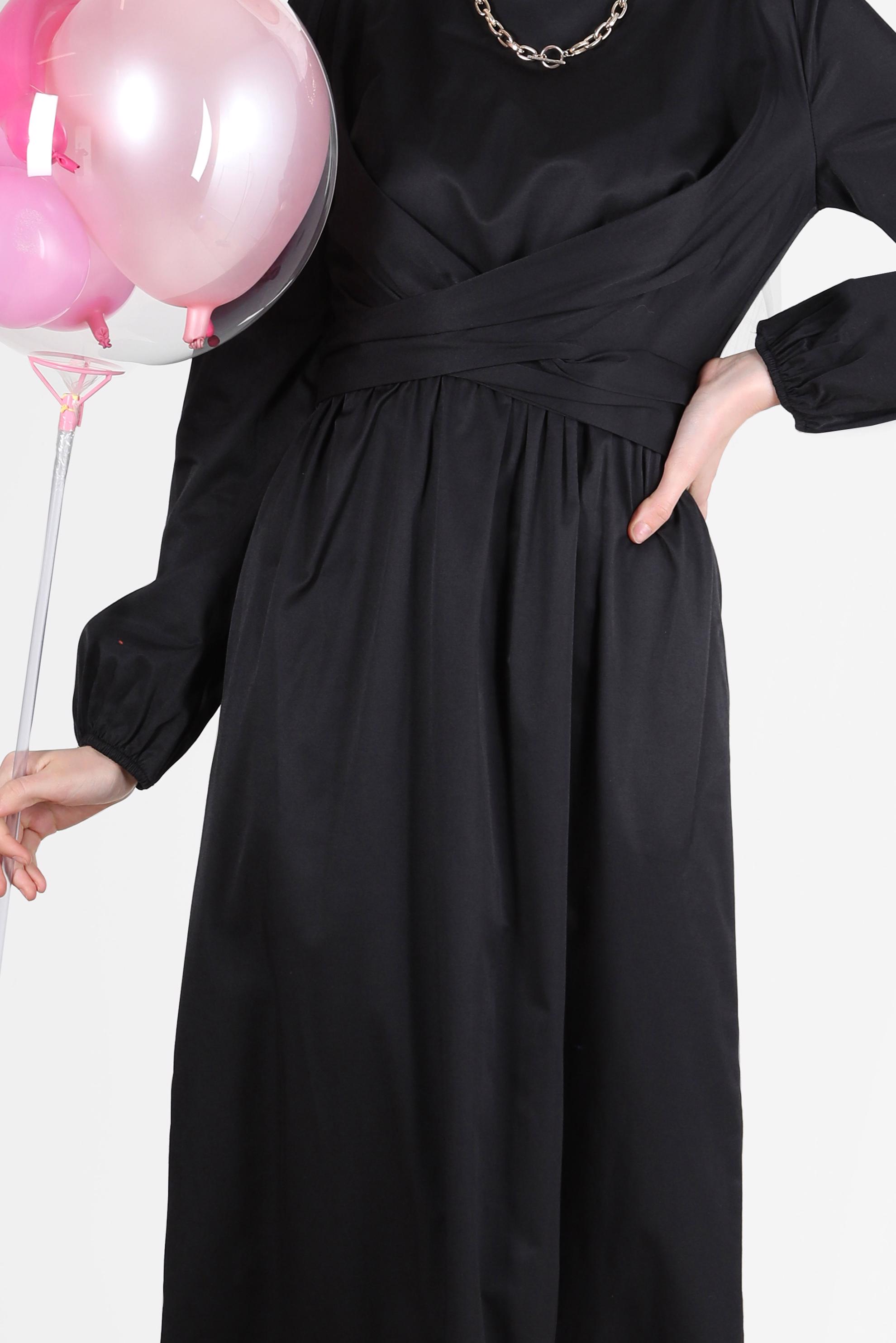 Tesettür giyim SİYAH ÇAPRAZ BAĞLAMALI ELBİSE 42611