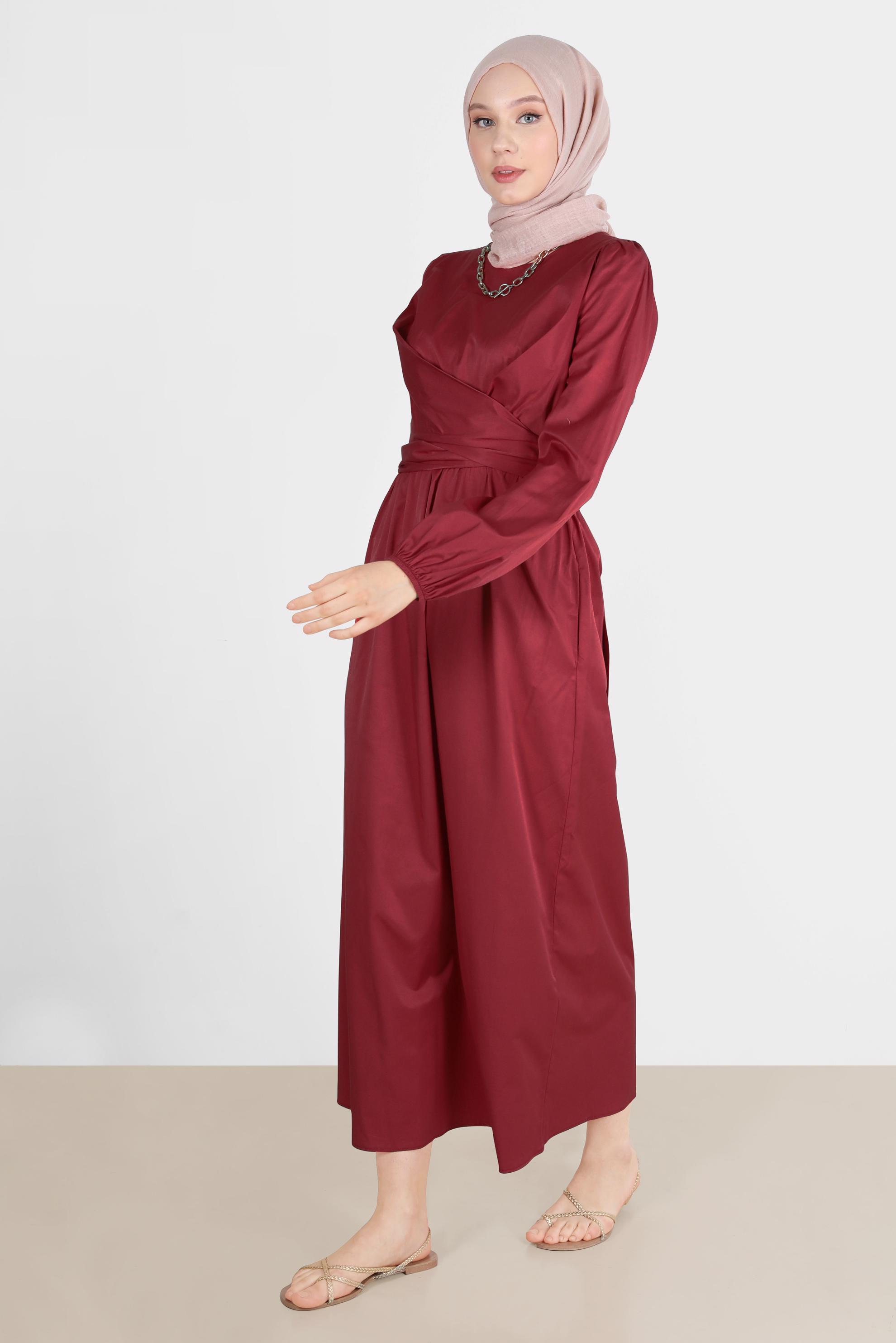 Tesettür giyim BORDO ÇAPRAZ BAĞLAMALI ELBİSE 42611