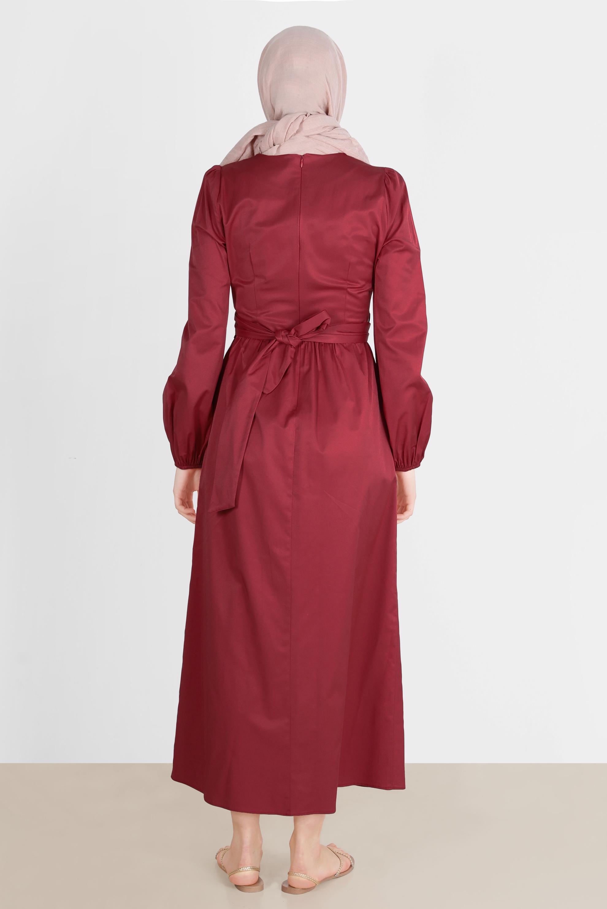 Tesettür giyim BORDO ÇAPRAZ BAĞLAMALI ELBİSE 42611