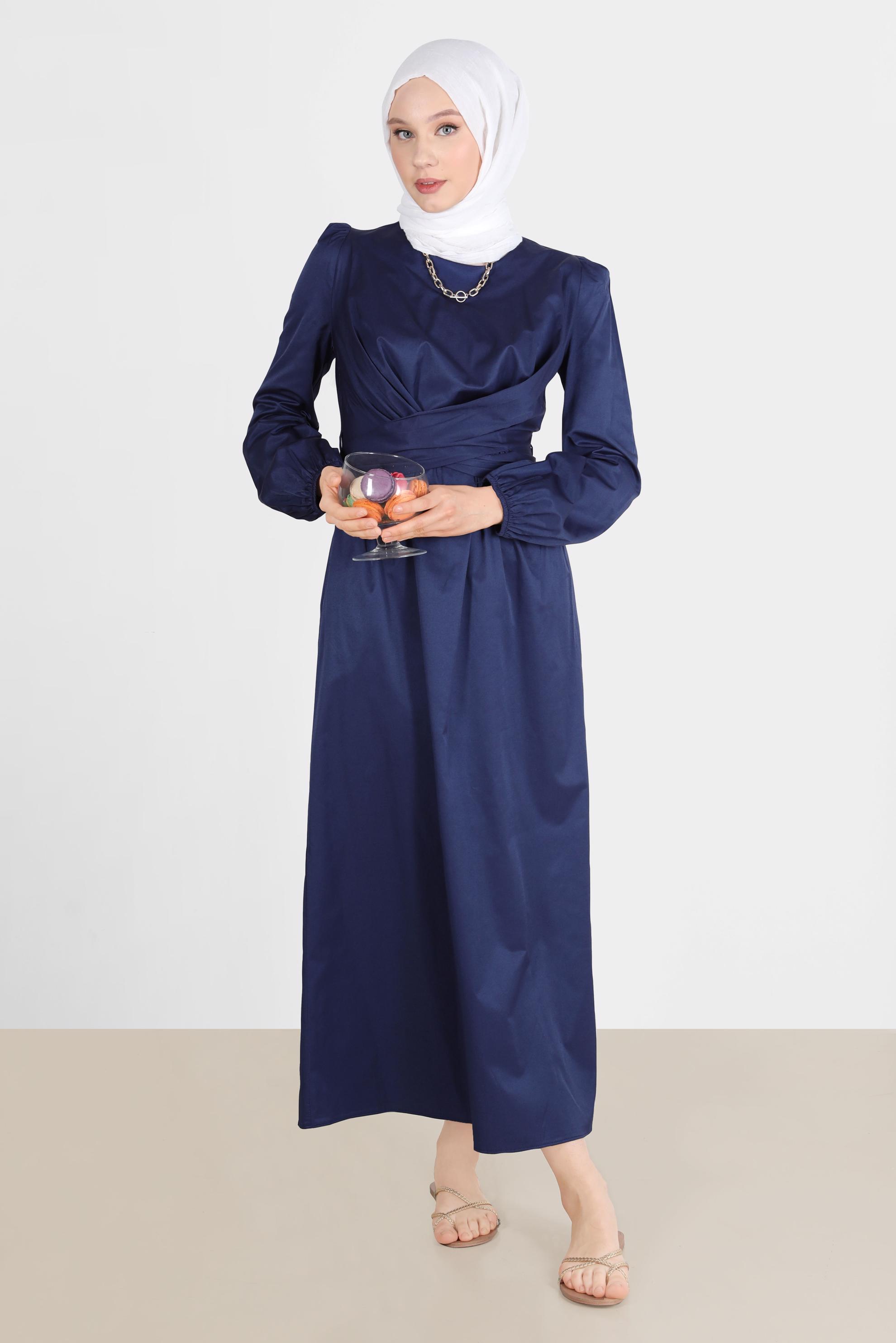 Tesettür giyim LACİVERT ÇAPRAZ BAĞLAMALI ELBİSE 42611