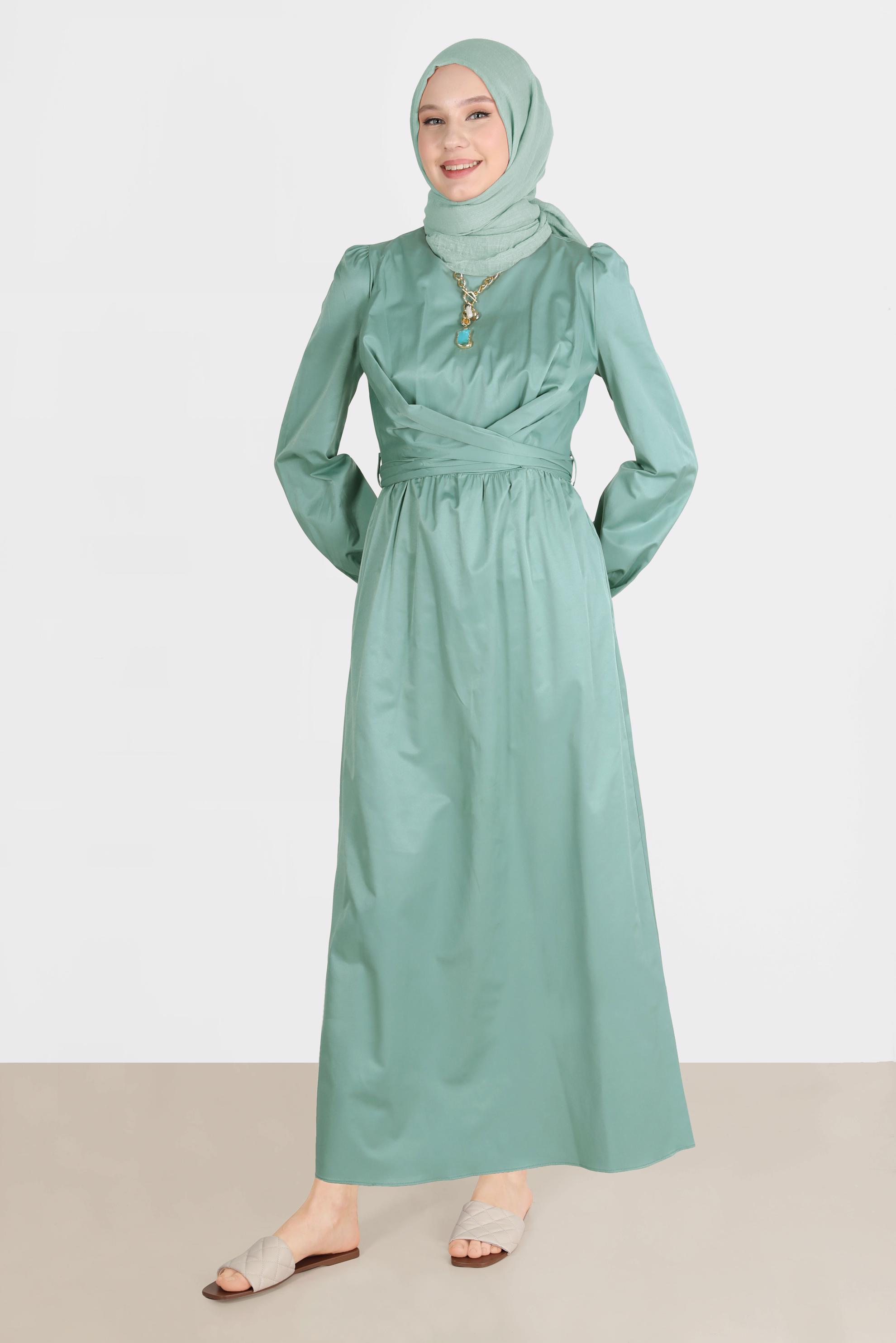 Tesettür giyim MAVİ ÇAPRAZ BAĞLAMALI ELBİSE 42611