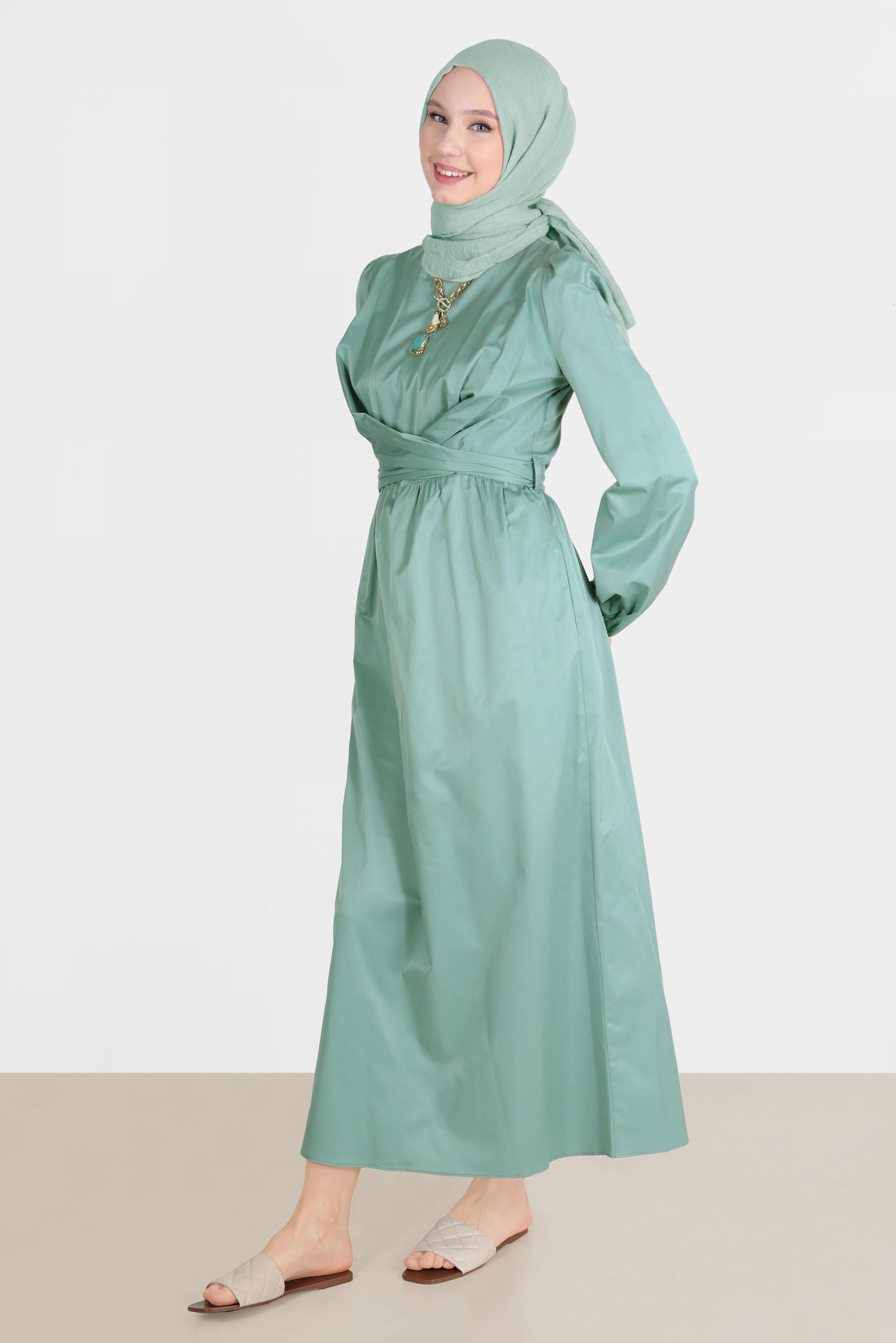 Tesettür giyim MAVİ ÇAPRAZ BAĞLAMALI ELBİSE 42611