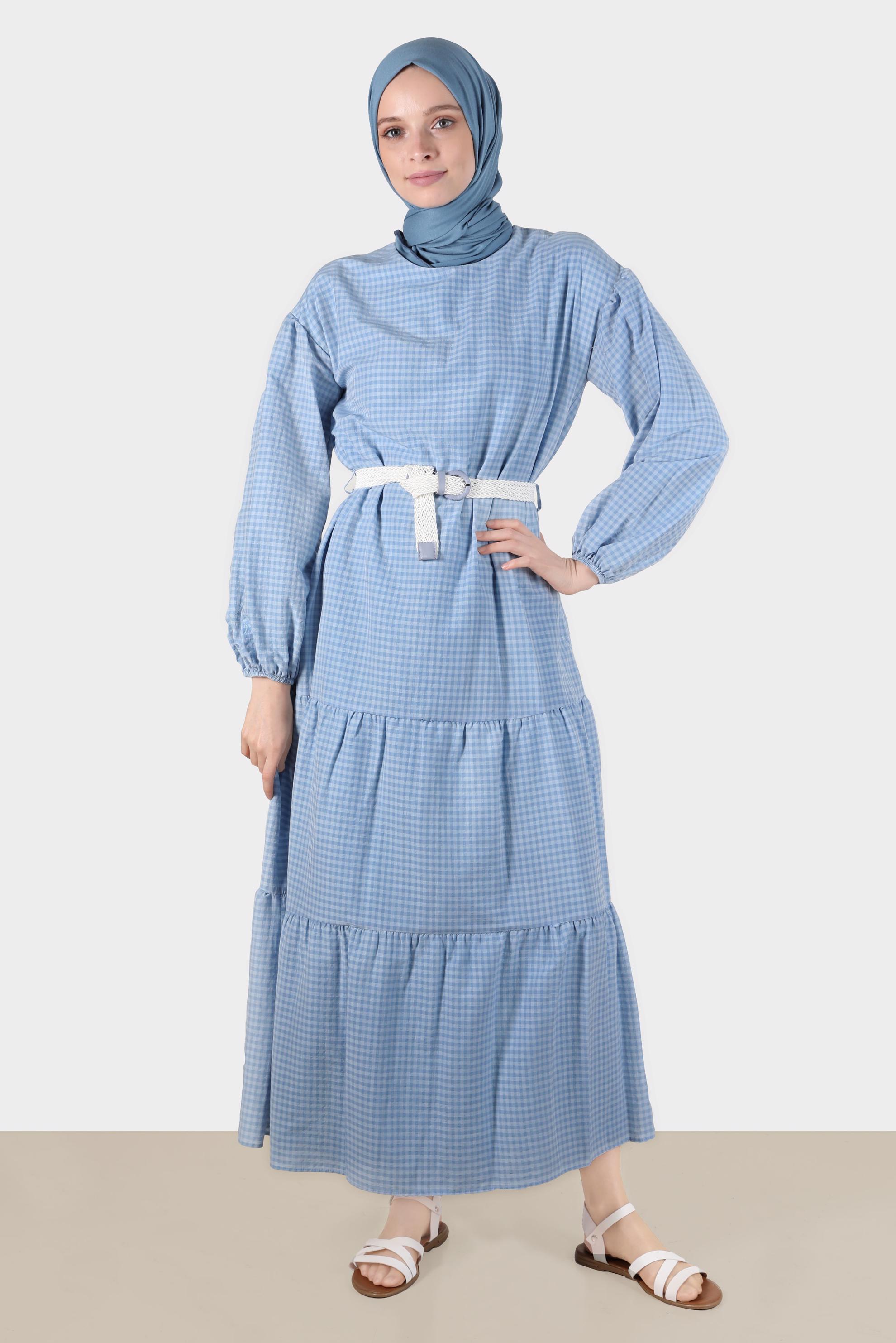 Tesettür giyim MAVİ PÖTİKARE DESENLİ KEMERLİ ELBİSE 42613	