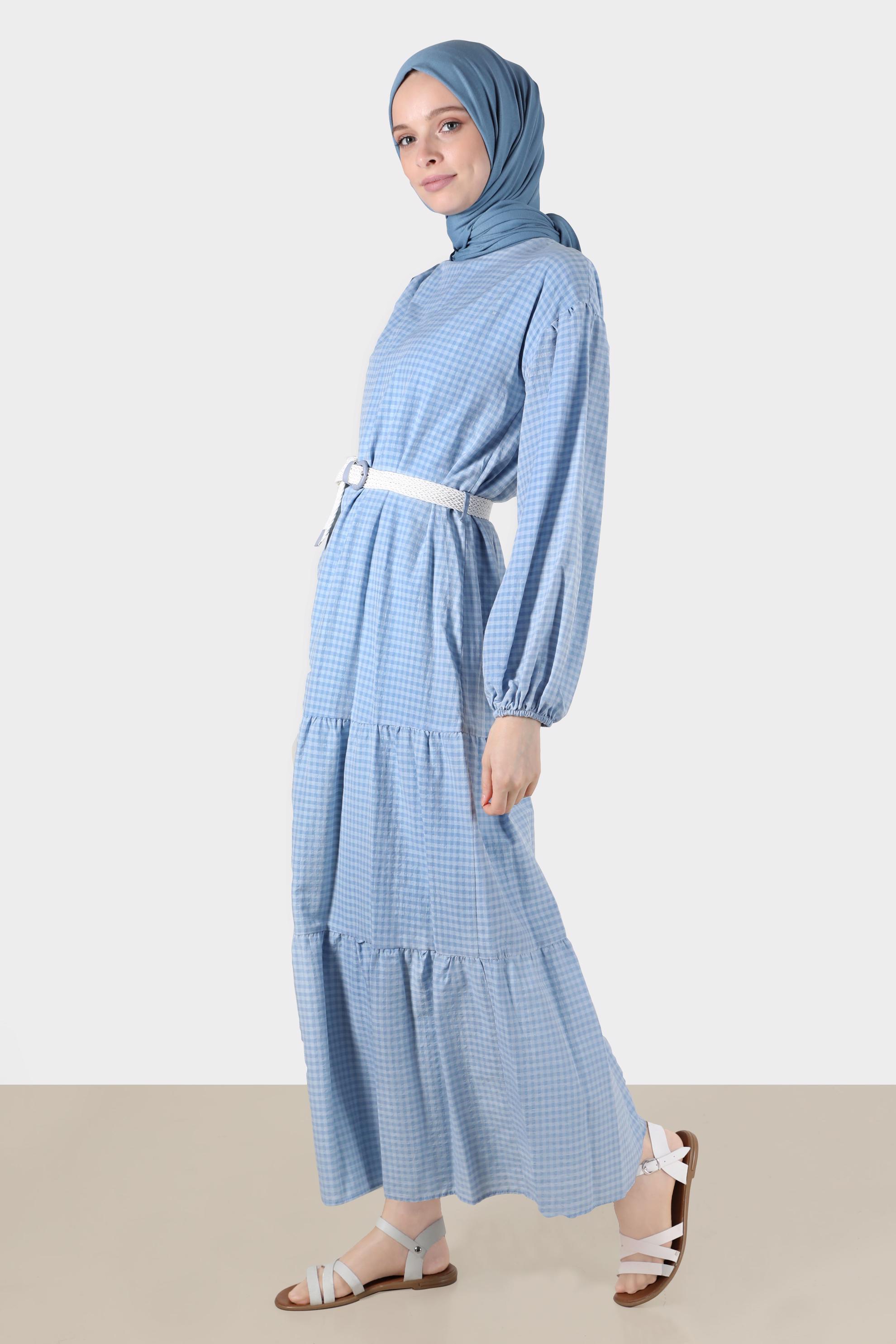 Tesettür giyim MAVİ PÖTİKARE DESENLİ KEMERLİ ELBİSE 42613	