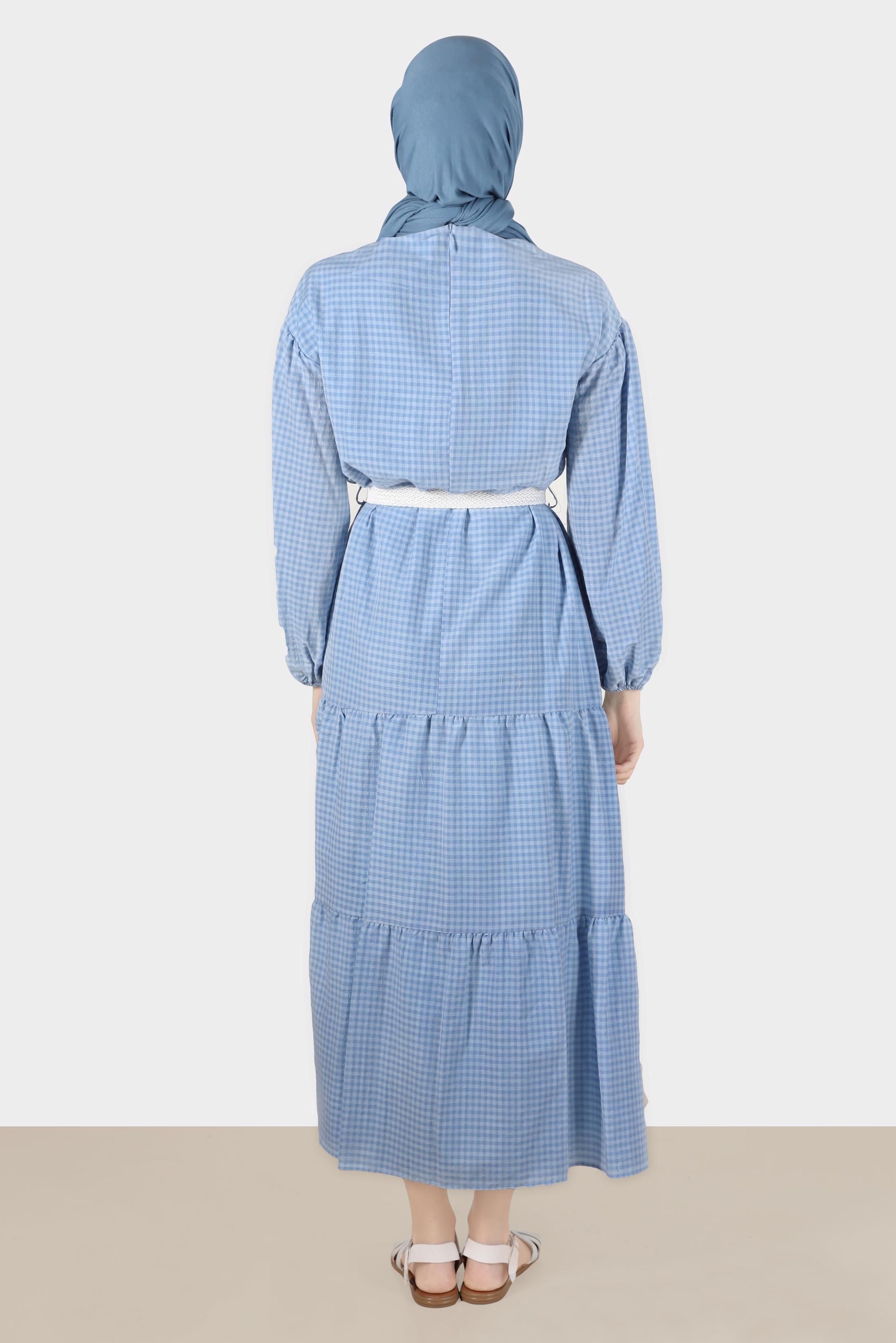 Tesettür giyim MAVİ PÖTİKARE DESENLİ KEMERLİ ELBİSE 42613	