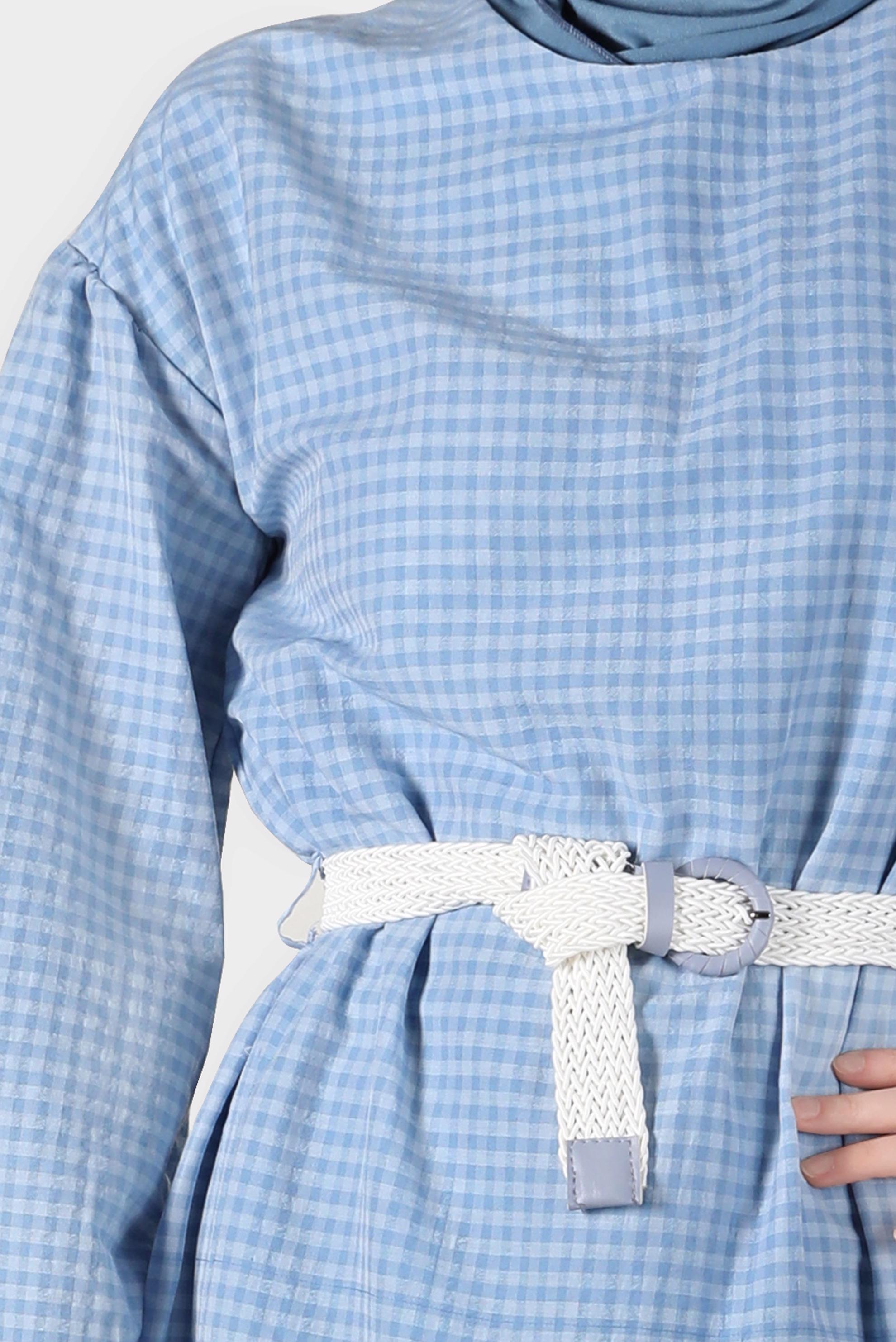 Tesettür giyim MAVİ PÖTİKARE DESENLİ KEMERLİ ELBİSE 42613	