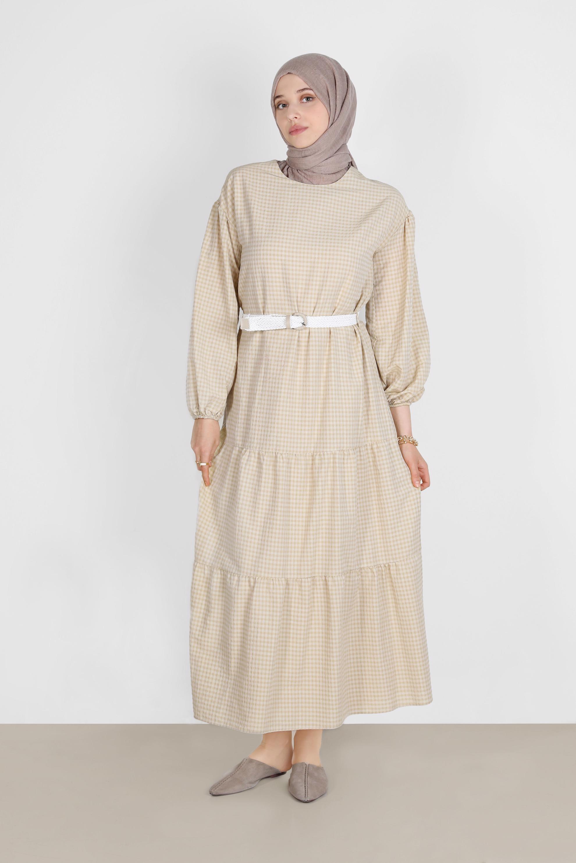 Tesettür giyim KAHVE PÖTİKARE DESENLİ KEMERLİ ELBİSE 42613	