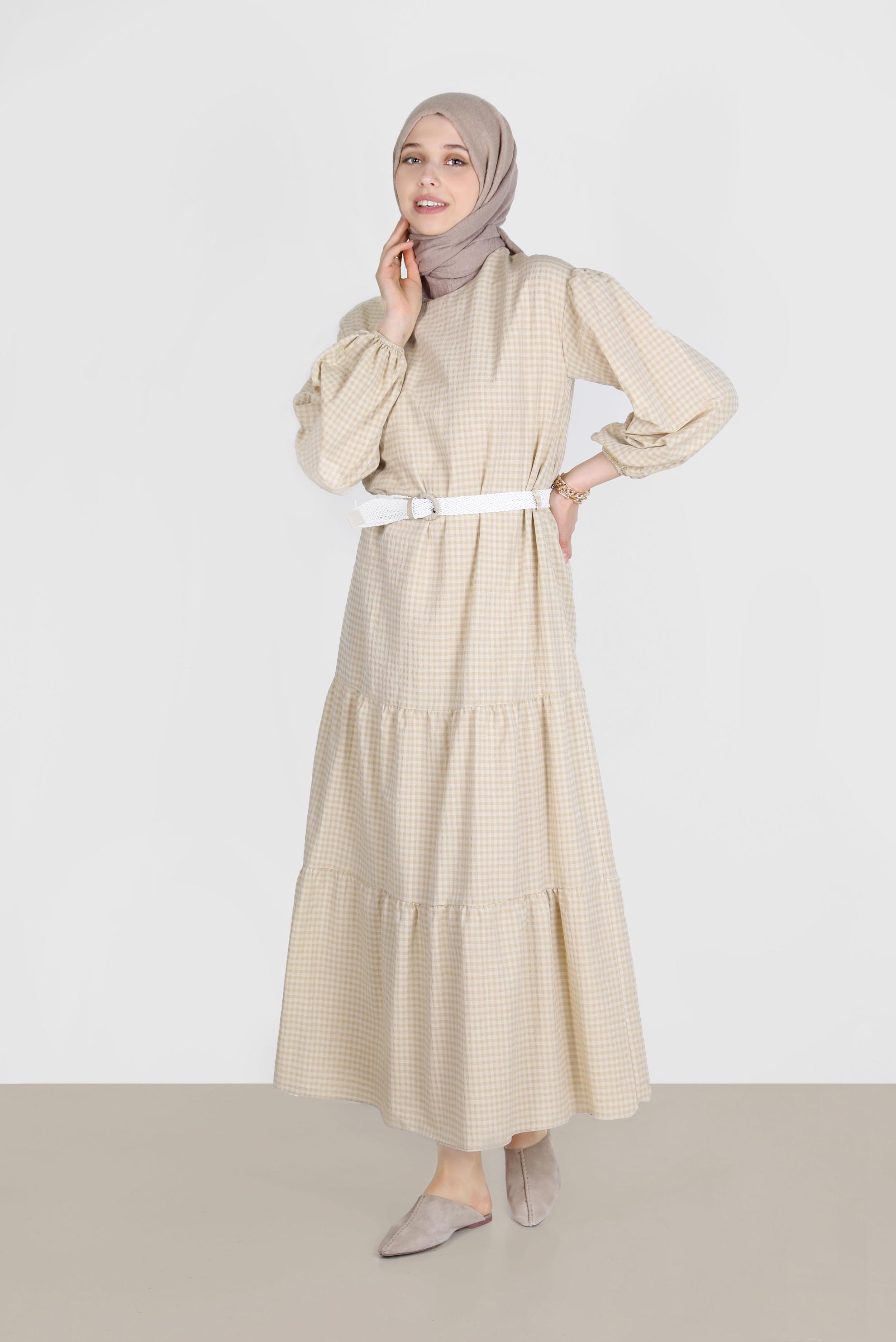 Tesettür giyim KAHVE PÖTİKARE DESENLİ KEMERLİ ELBİSE 42613	