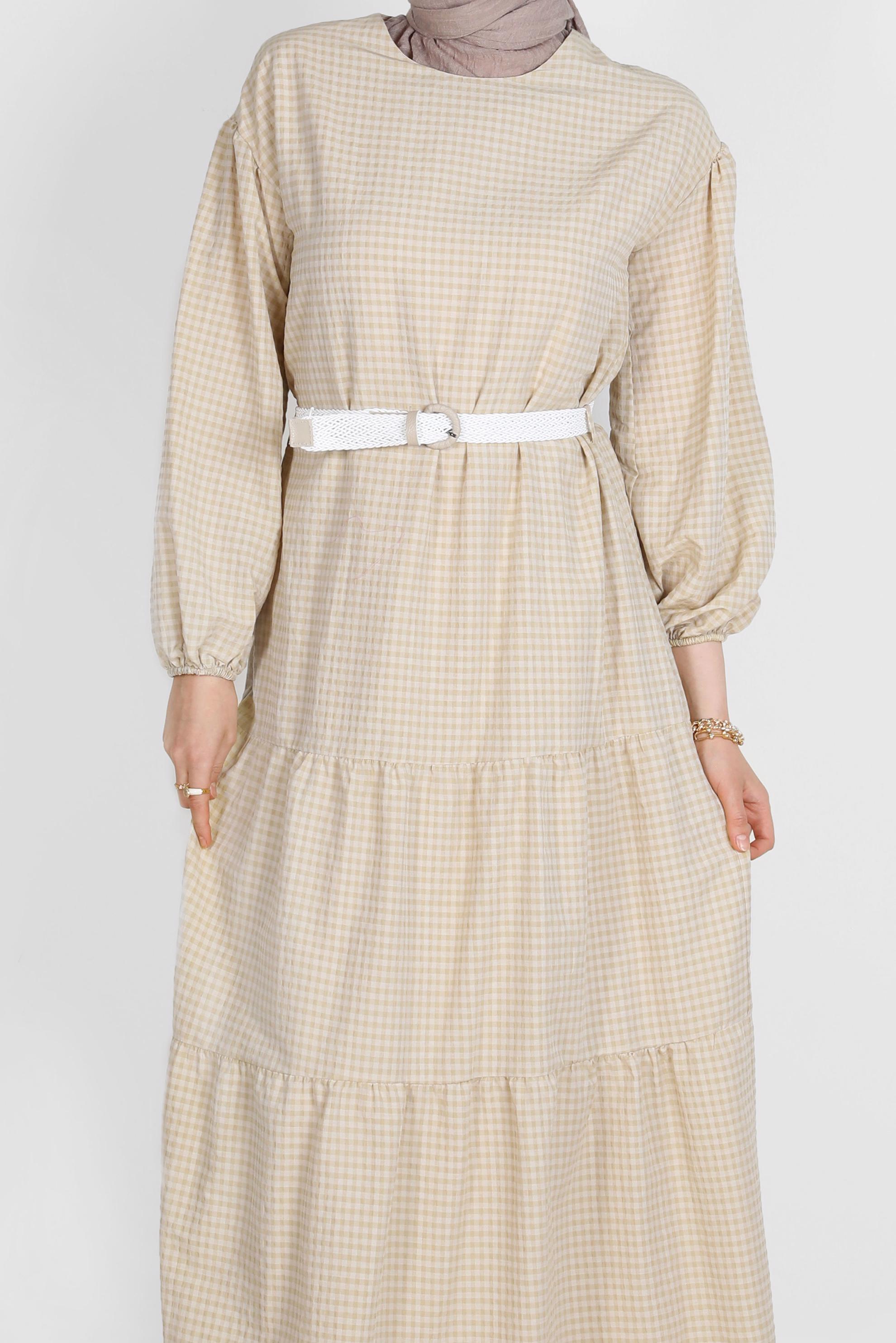 Tesettür giyim KAHVE PÖTİKARE DESENLİ KEMERLİ ELBİSE 42613	