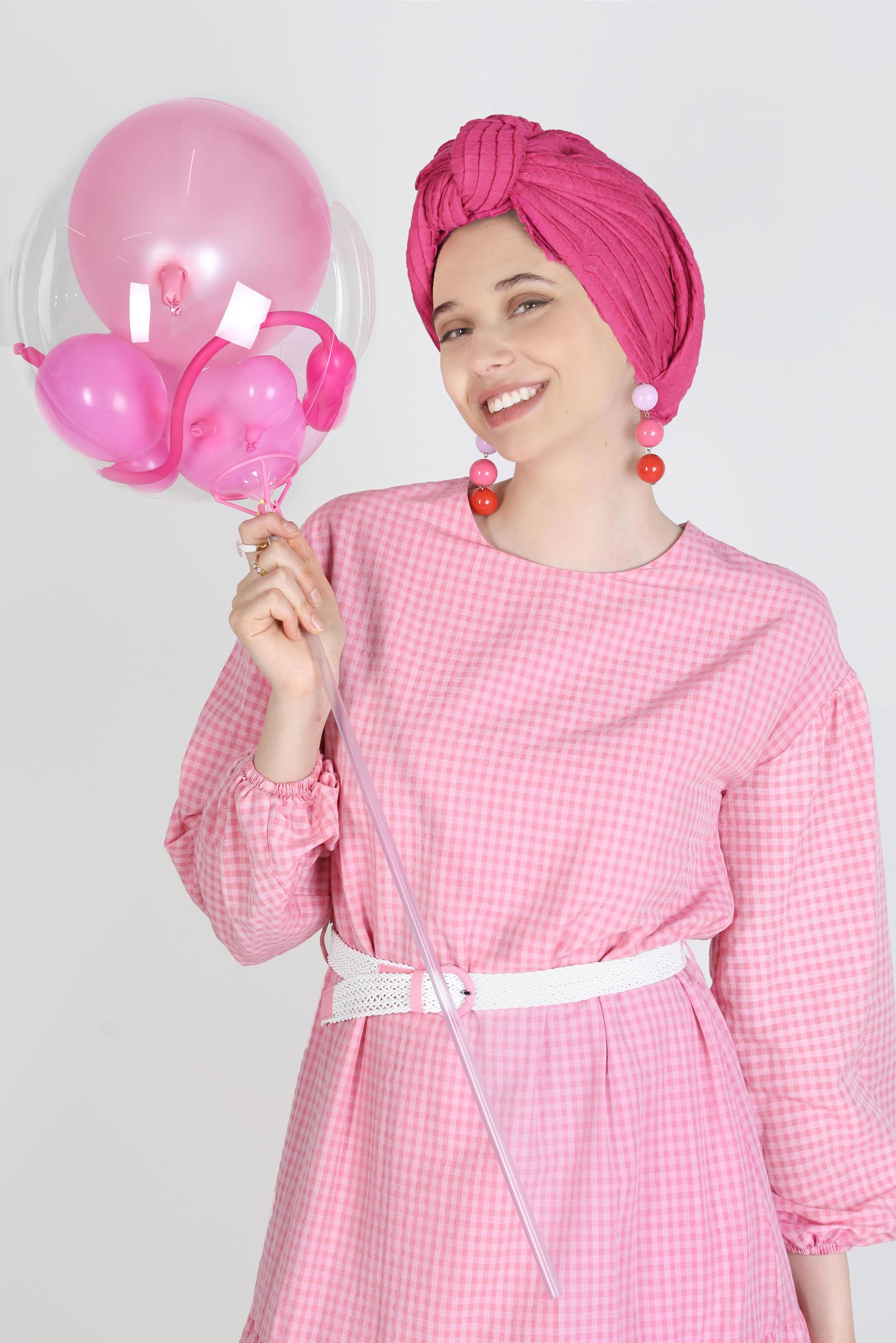 Tesettür giyim FUŞYA PÖTİKARE DESENLİ KEMERLİ ELBİSE 42613	