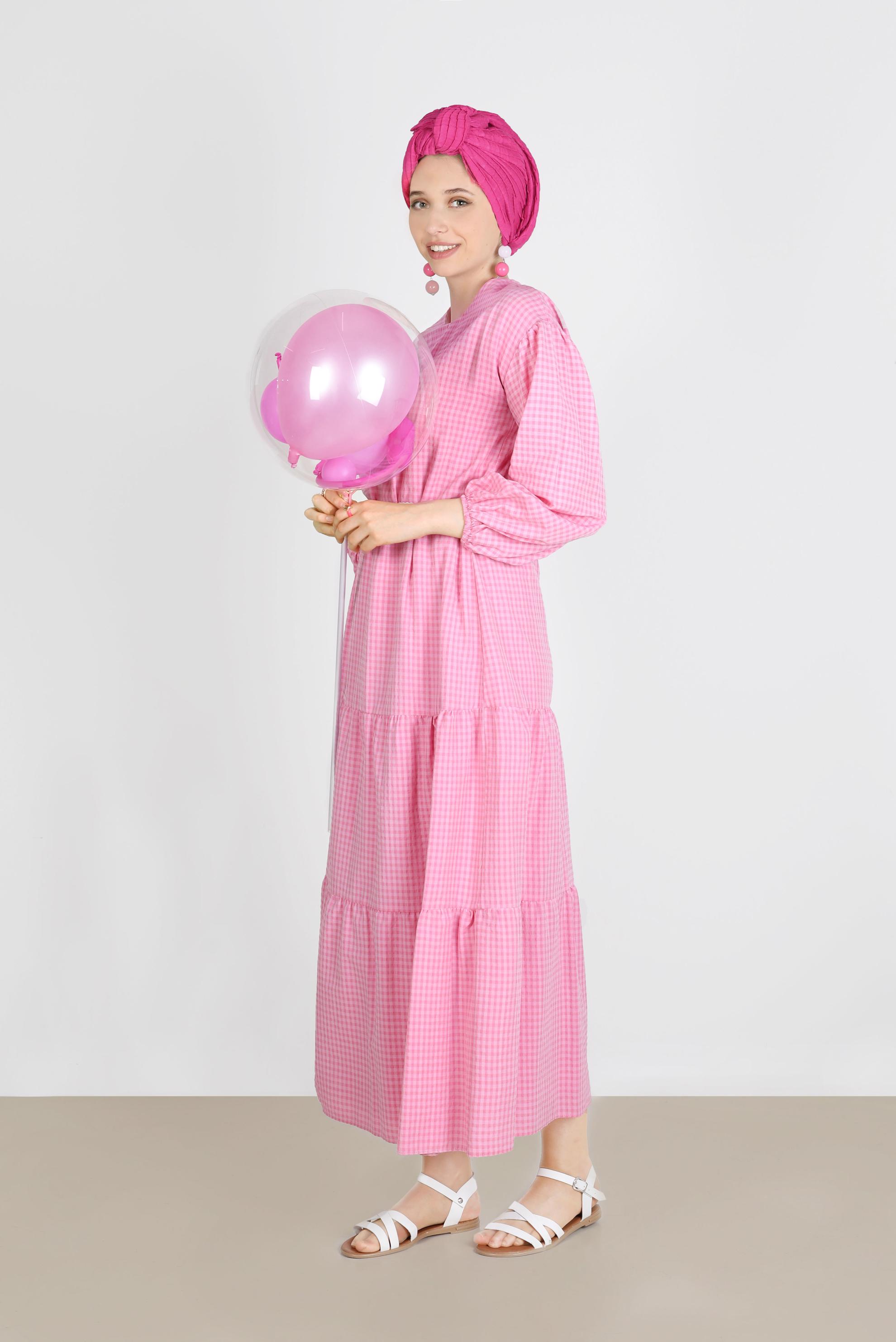 Tesettür giyim FUŞYA PÖTİKARE DESENLİ KEMERLİ ELBİSE 42613	