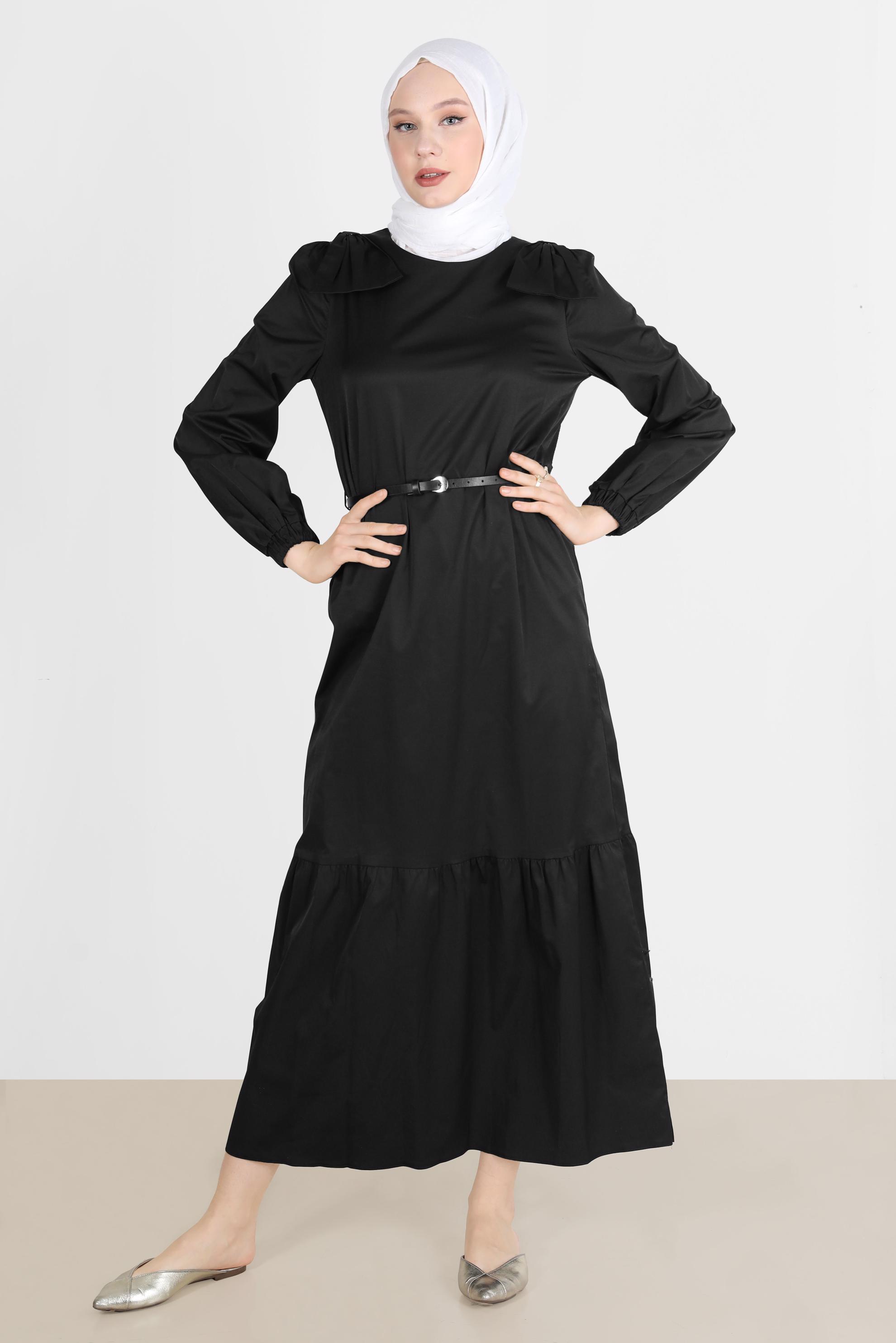 Tesettür giyim SİYAH PAMUK DOKULU KEMERLİ ELBİSE 42615 
