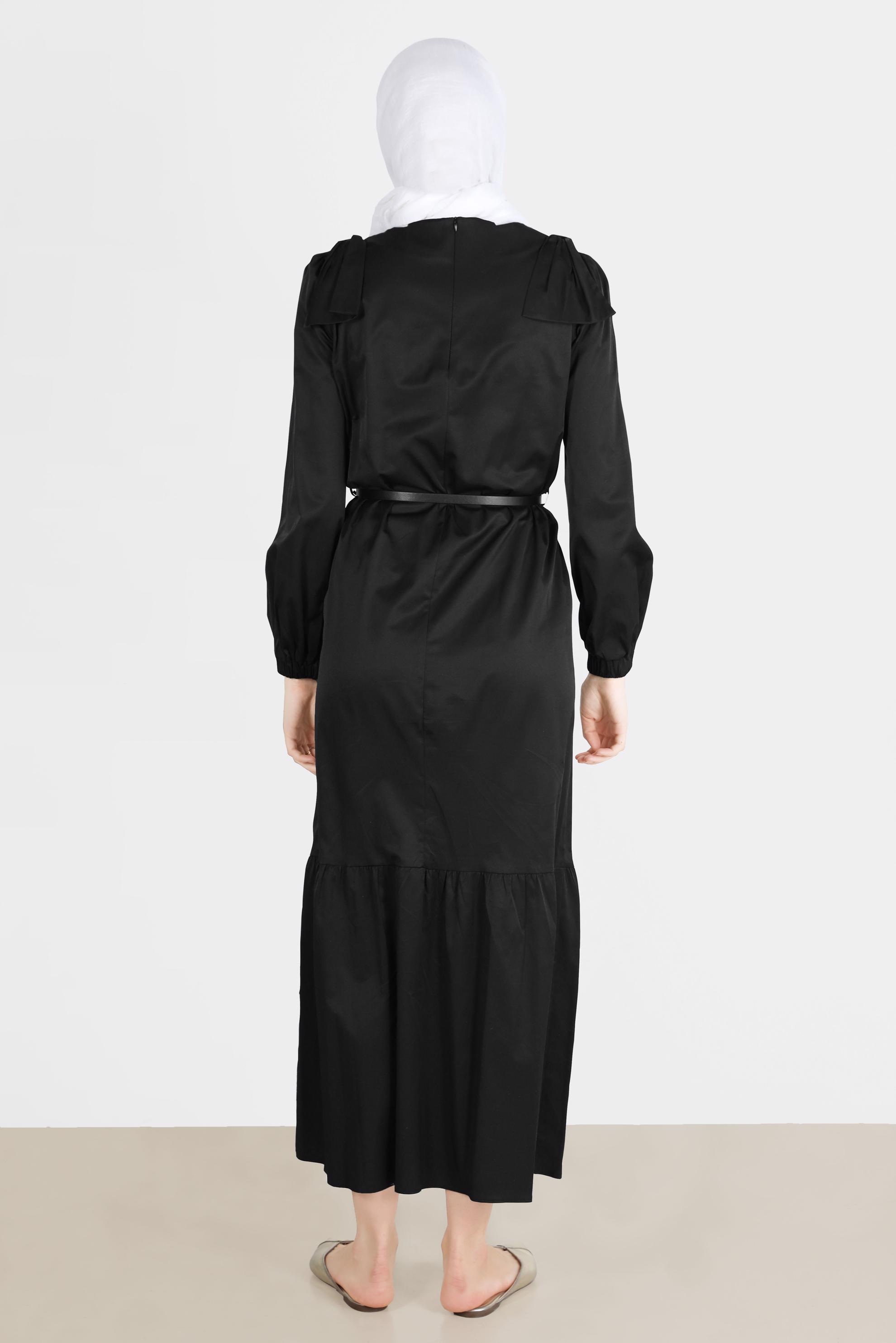 Tesettür giyim SİYAH PAMUK DOKULU KEMERLİ ELBİSE 42615 