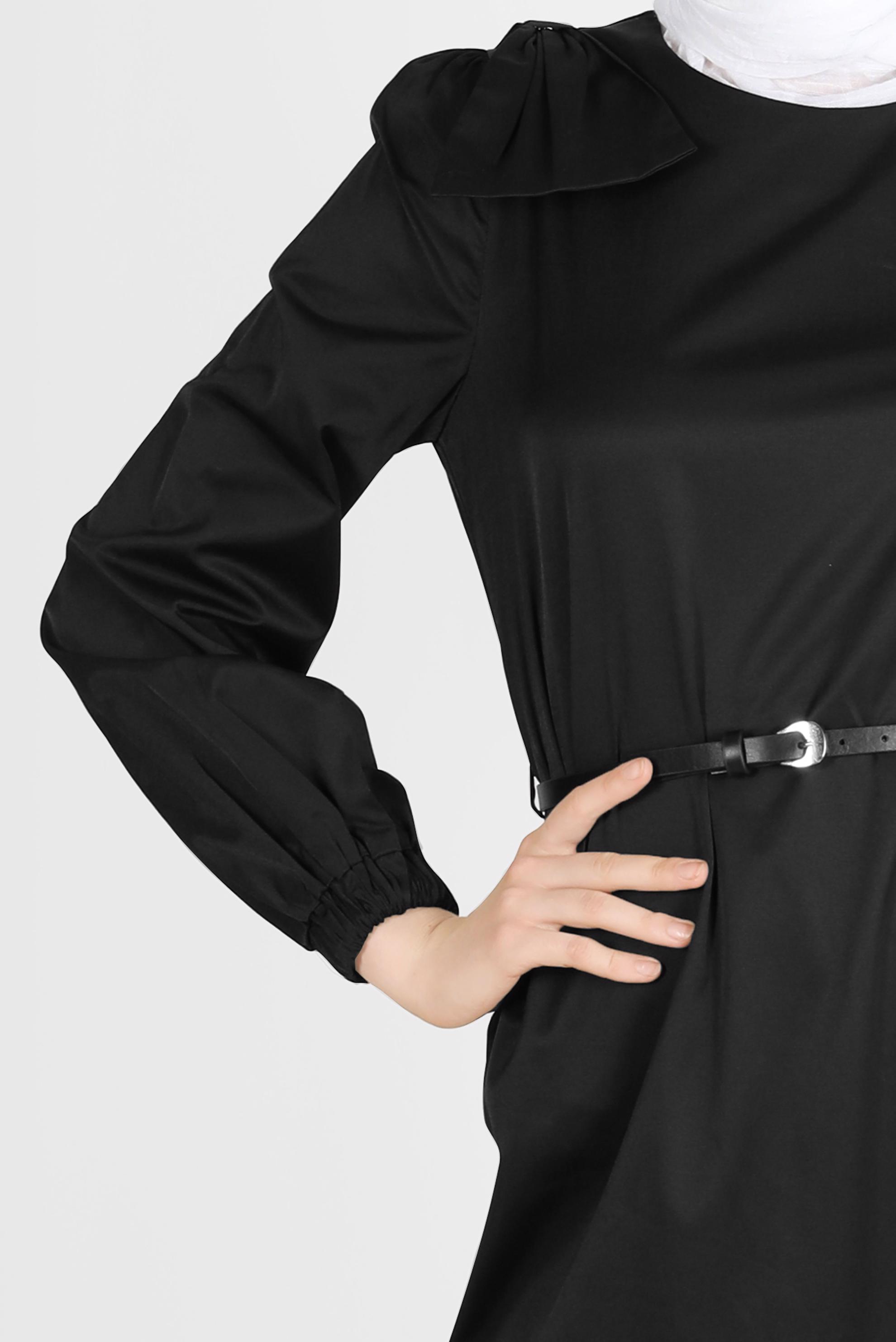 Tesettür giyim SİYAH PAMUK DOKULU KEMERLİ ELBİSE 42615 