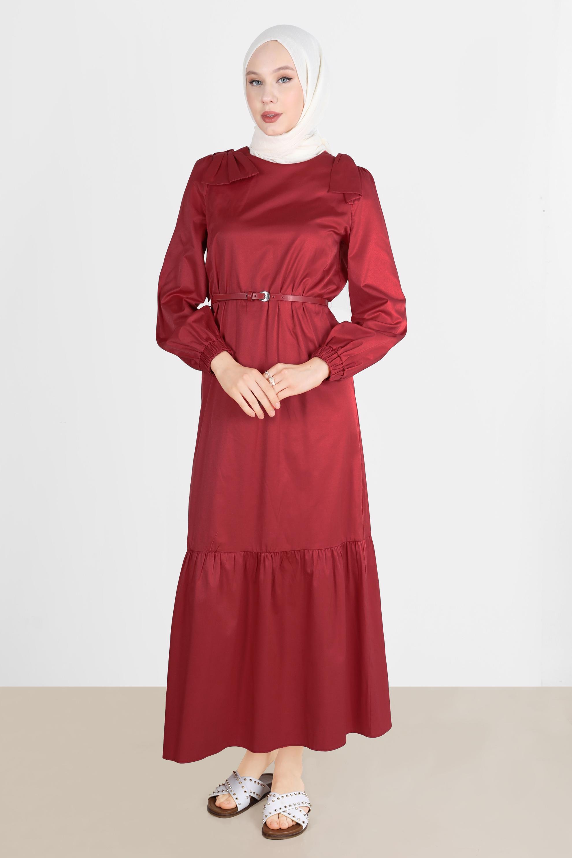 Tesettür giyim BORDO PAMUK DOKULU KEMERLİ ELBİSE 42615 
