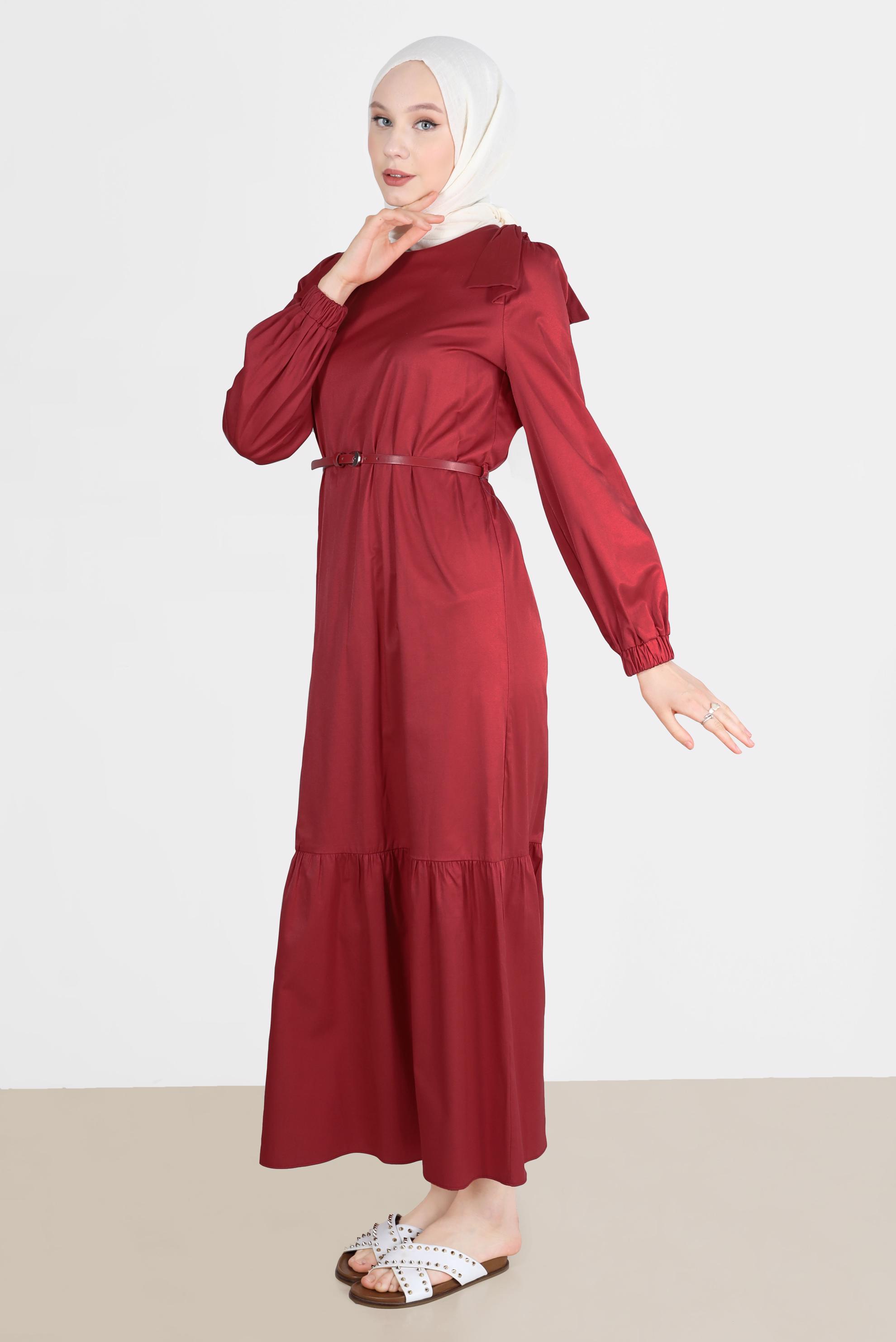 Tesettür giyim BORDO PAMUK DOKULU KEMERLİ ELBİSE 42615 
