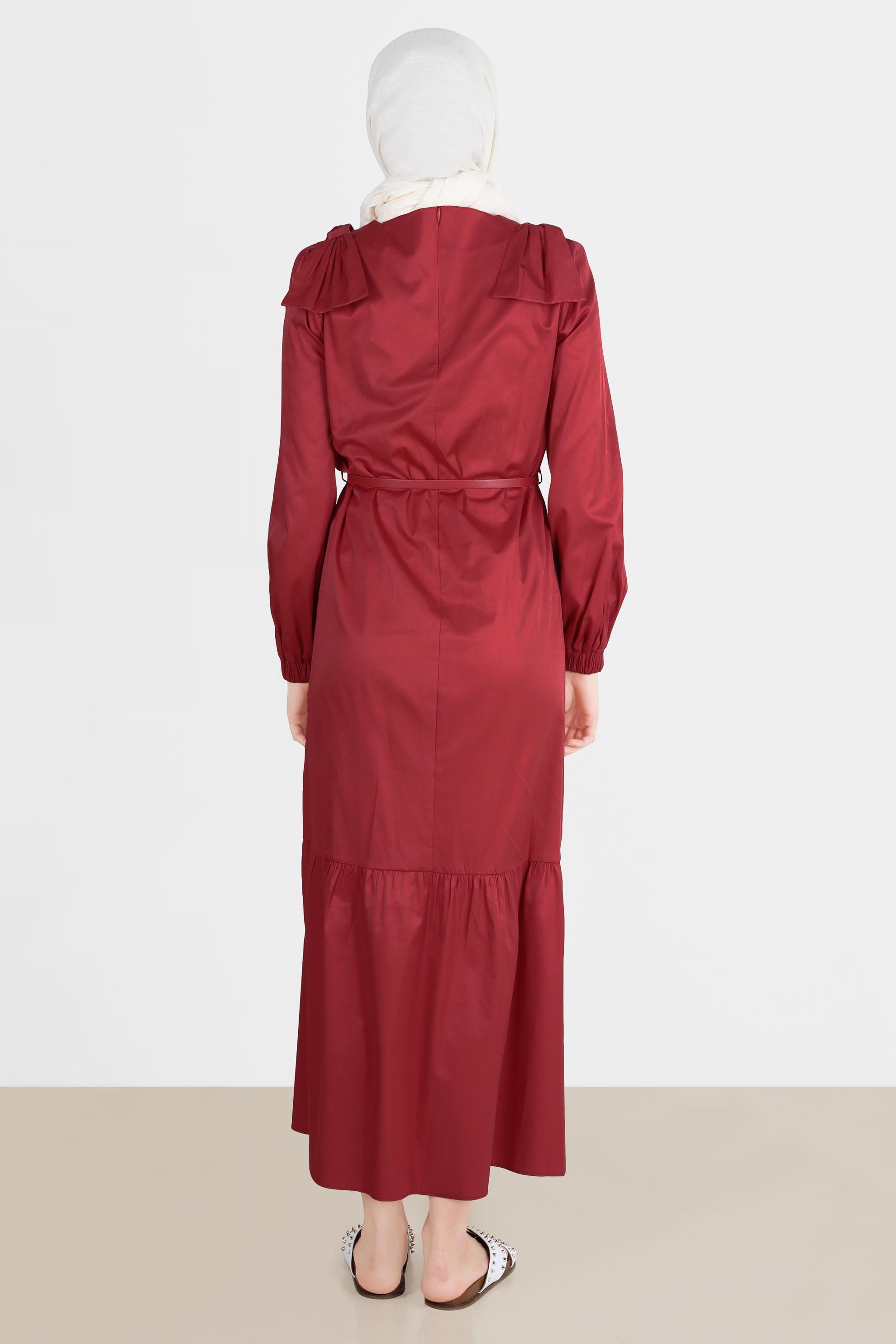 Tesettür giyim BORDO PAMUK DOKULU KEMERLİ ELBİSE 42615 