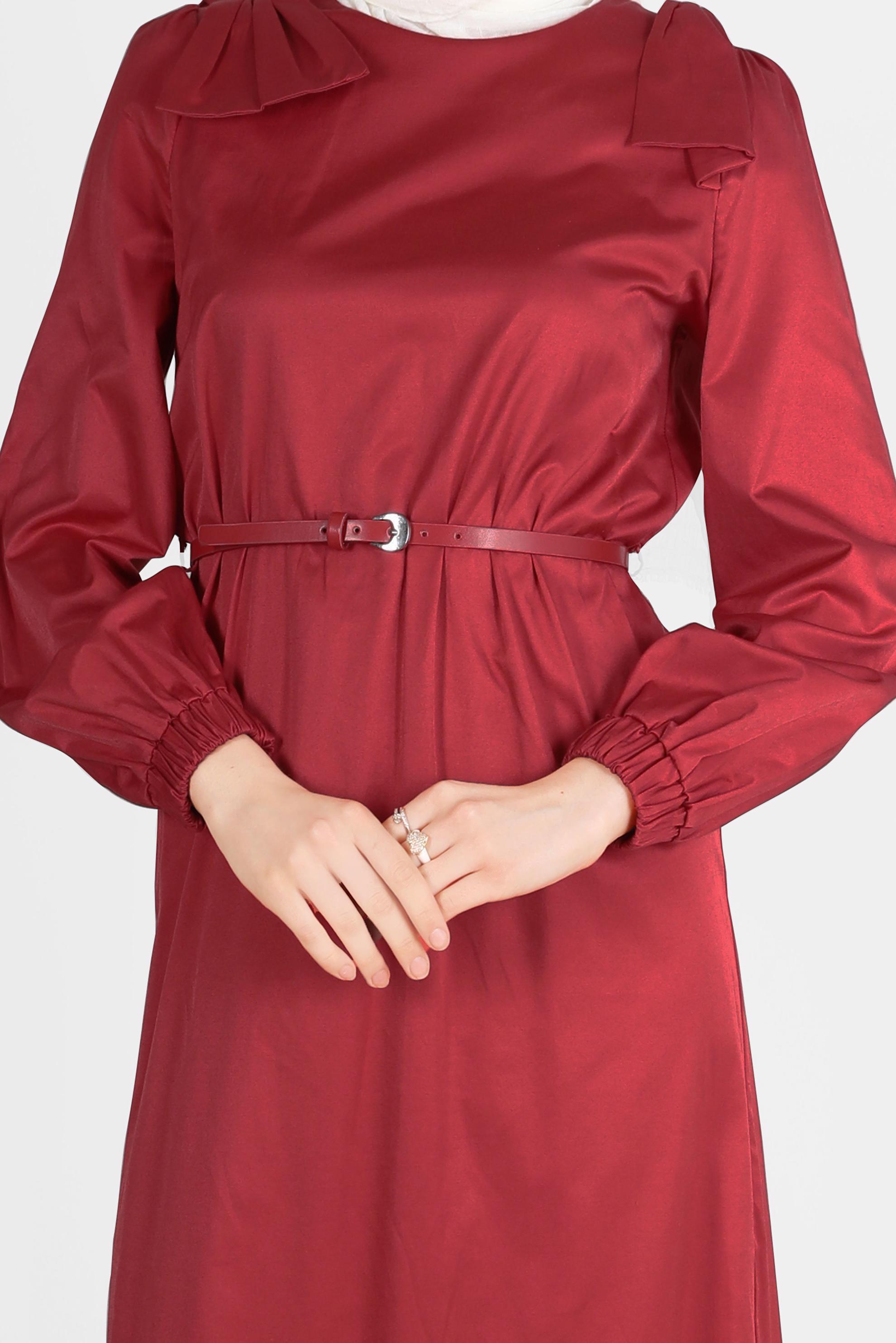 Tesettür giyim BORDO PAMUK DOKULU KEMERLİ ELBİSE 42615 