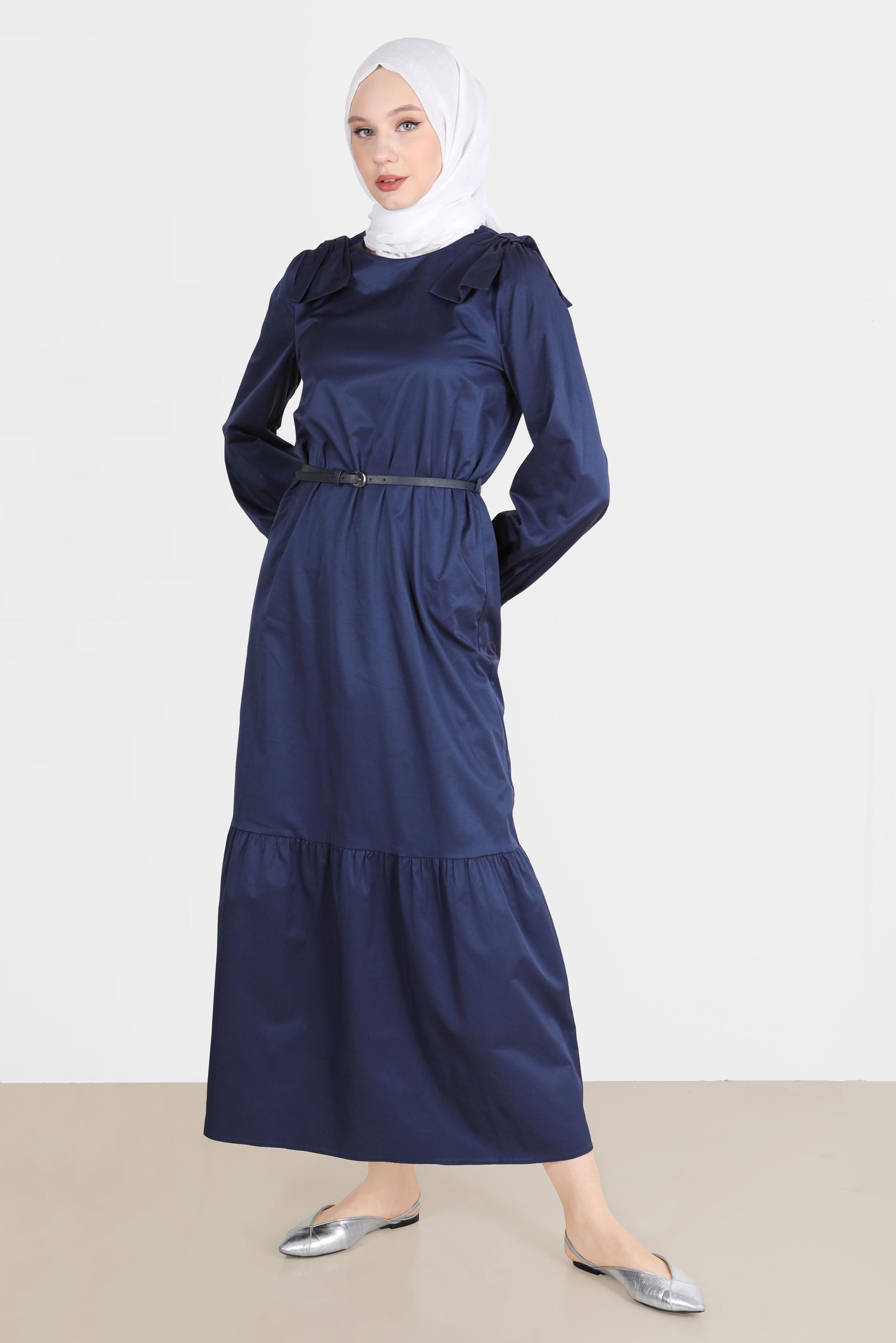 Tesettür giyim LACİVERT PAMUK DOKULU KEMERLİ ELBİSE 42615 