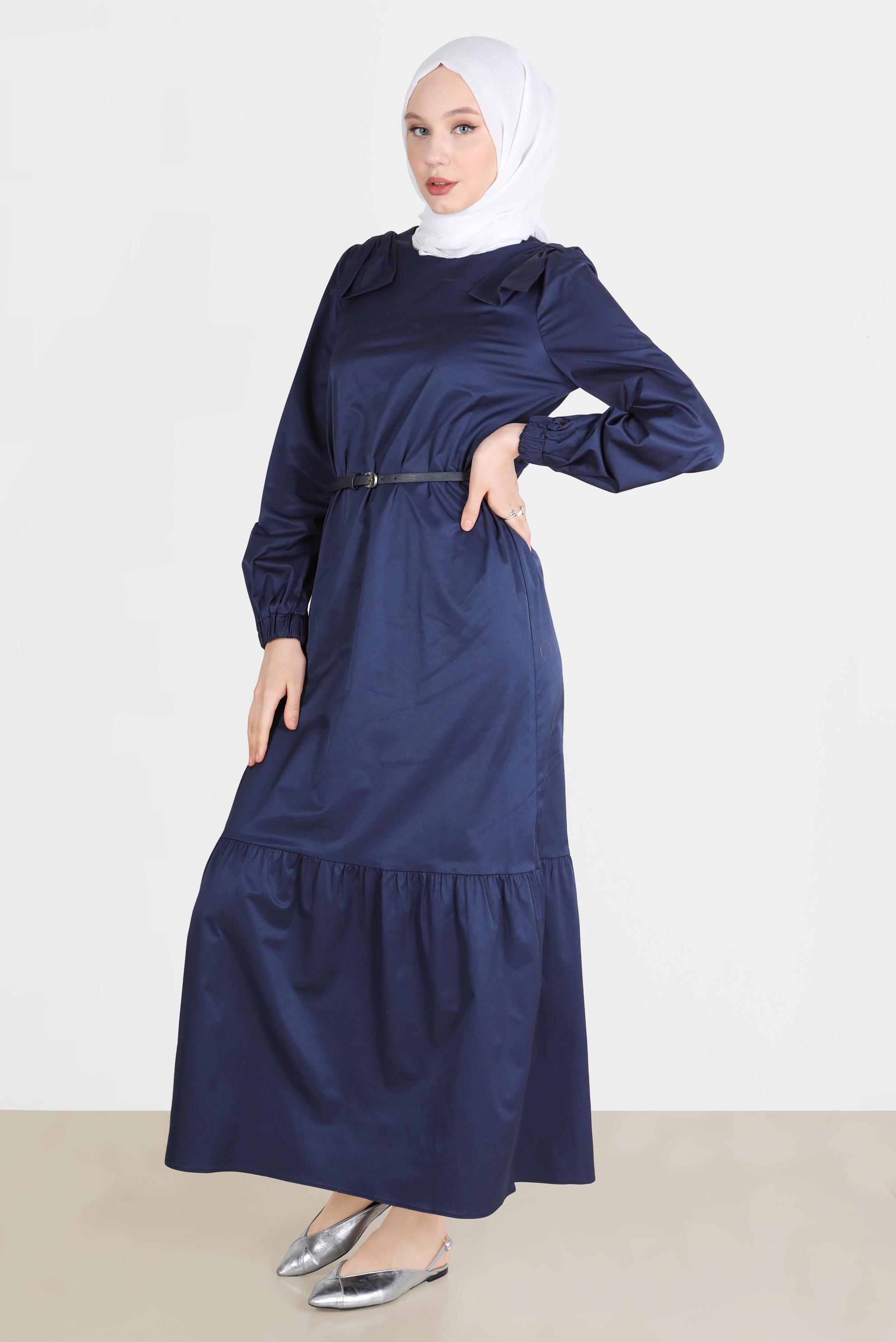 Tesettür giyim LACİVERT PAMUK DOKULU KEMERLİ ELBİSE 42615 