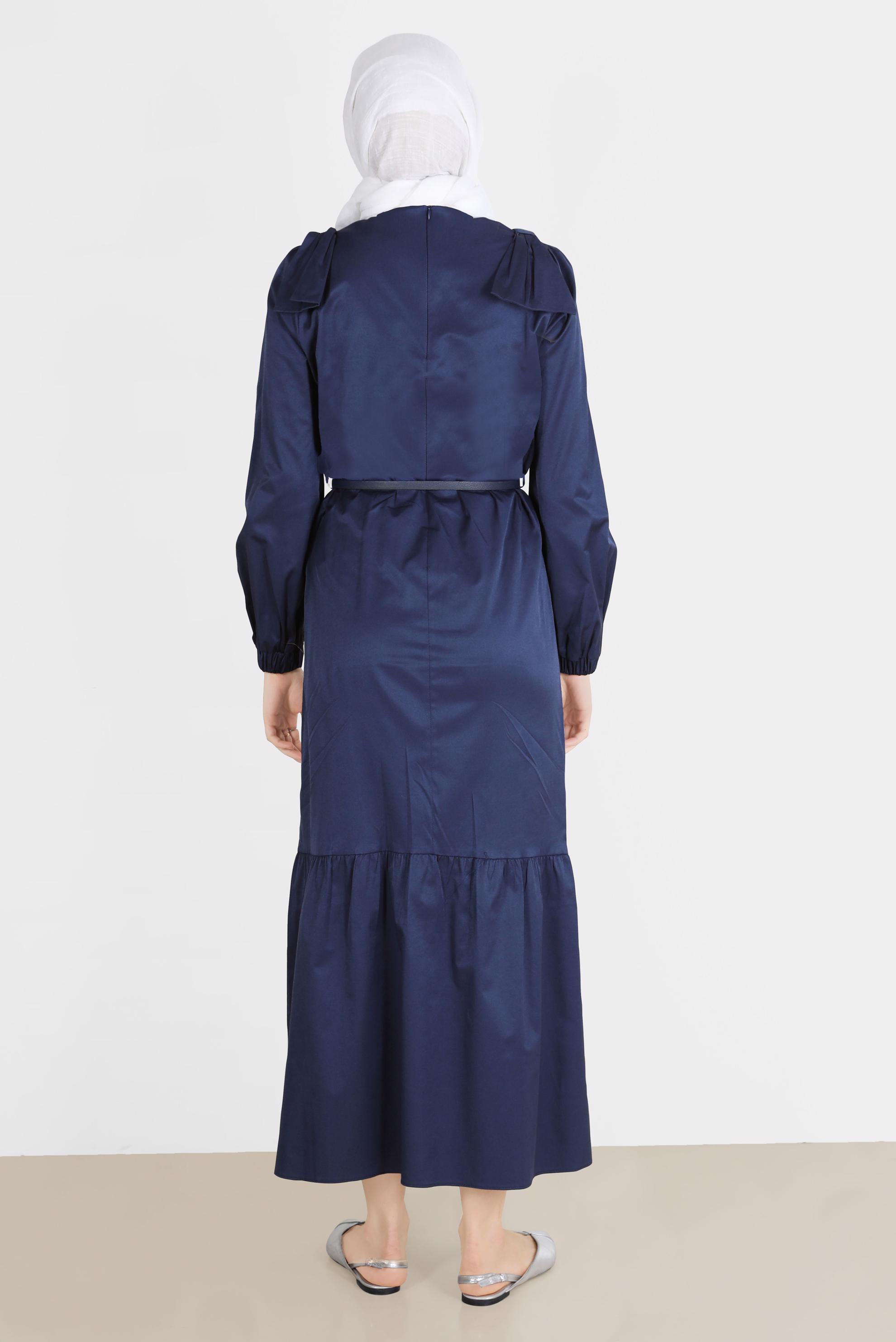 Tesettür giyim LACİVERT PAMUK DOKULU KEMERLİ ELBİSE 42615 