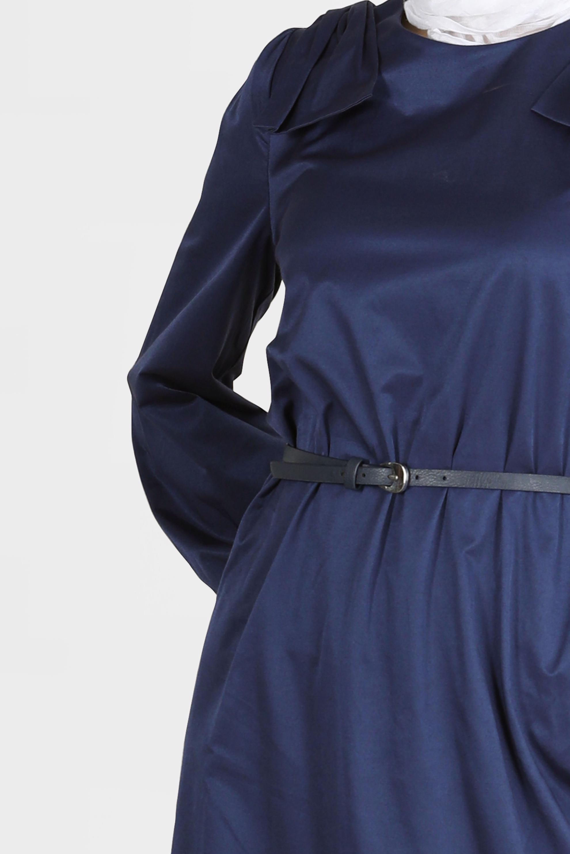 Tesettür giyim LACİVERT PAMUK DOKULU KEMERLİ ELBİSE 42615 