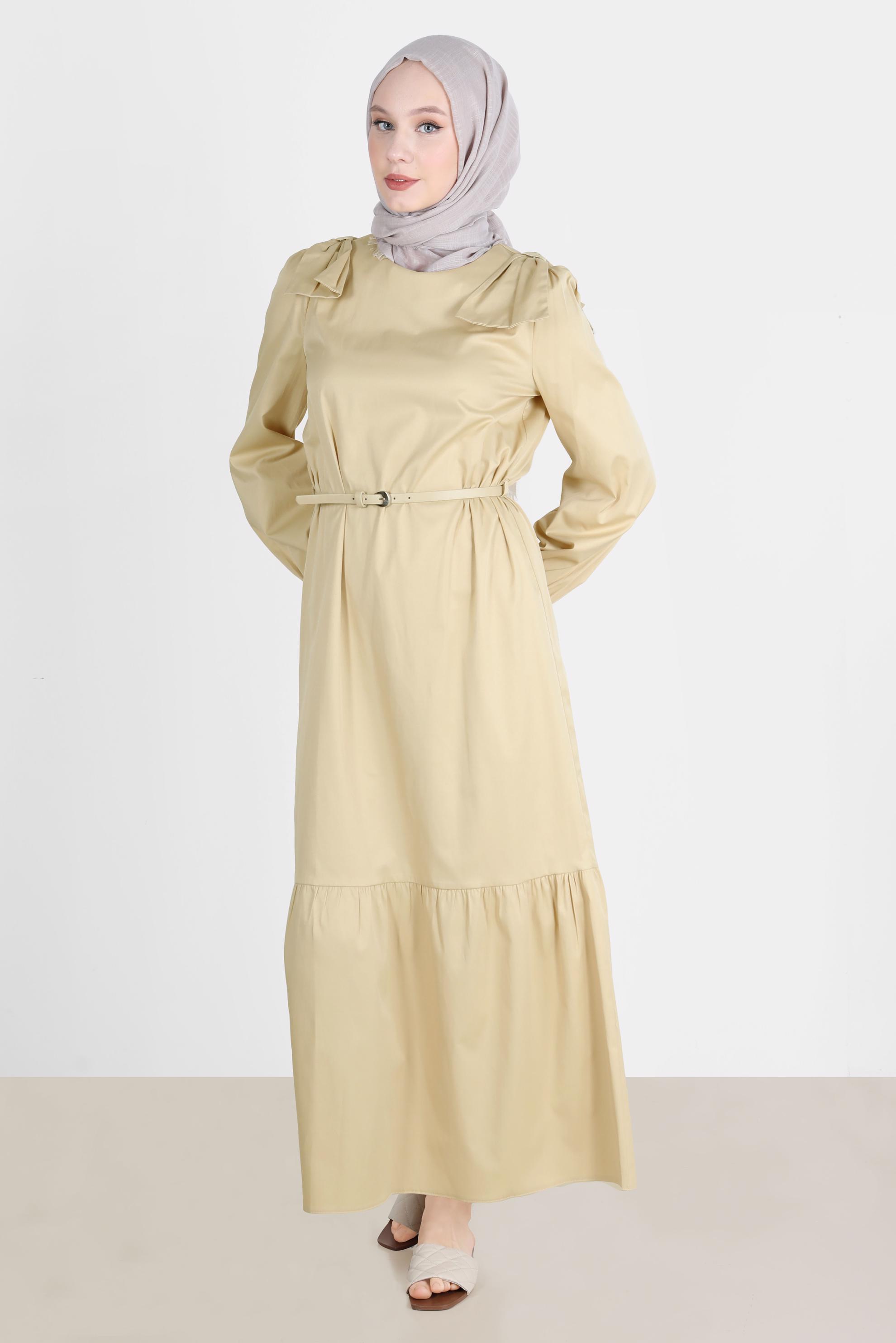 Tesettür giyim KUM PAMUK DOKULU KEMERLİ ELBİSE 42615 
