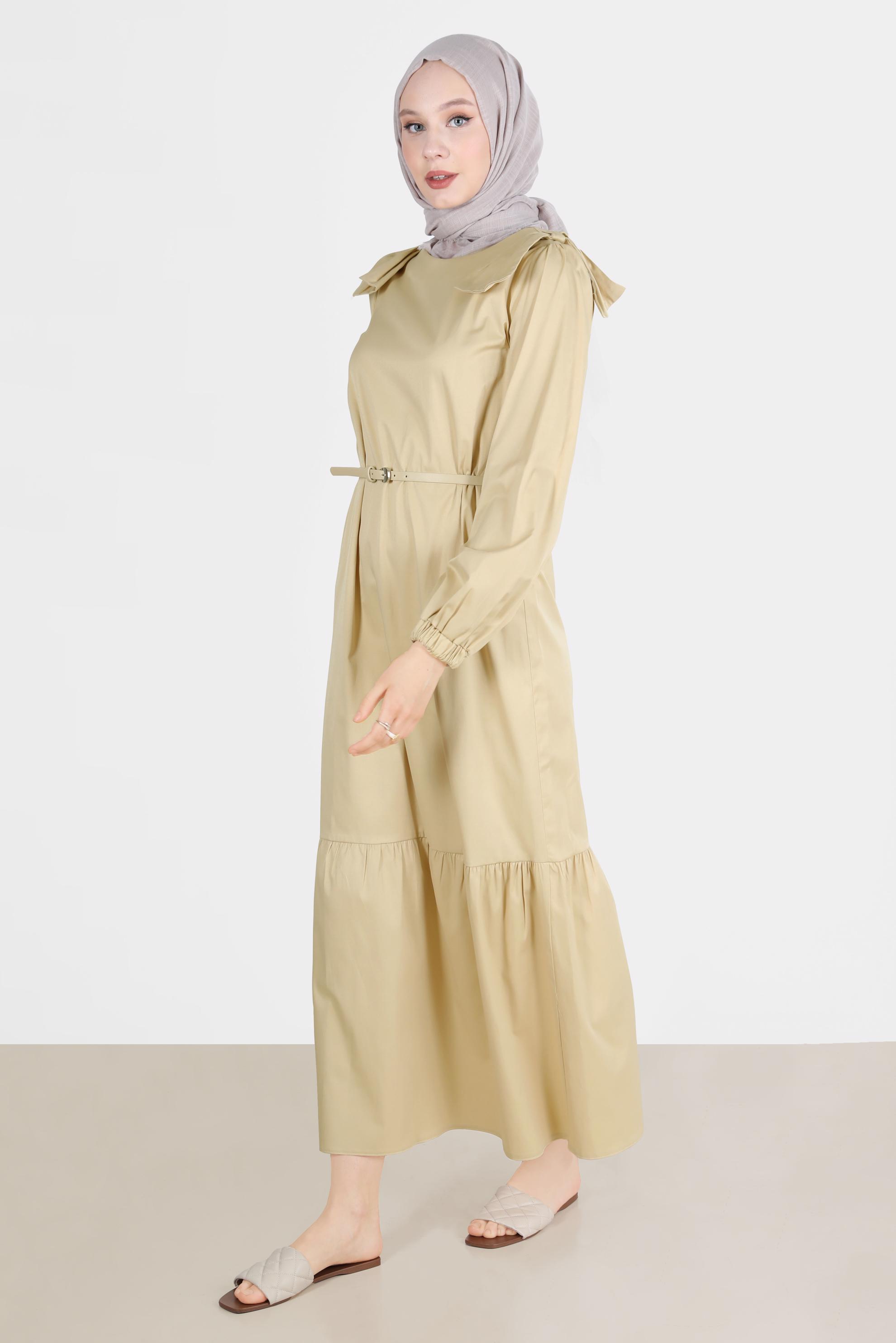 Tesettür giyim KUM PAMUK DOKULU KEMERLİ ELBİSE 42615 
