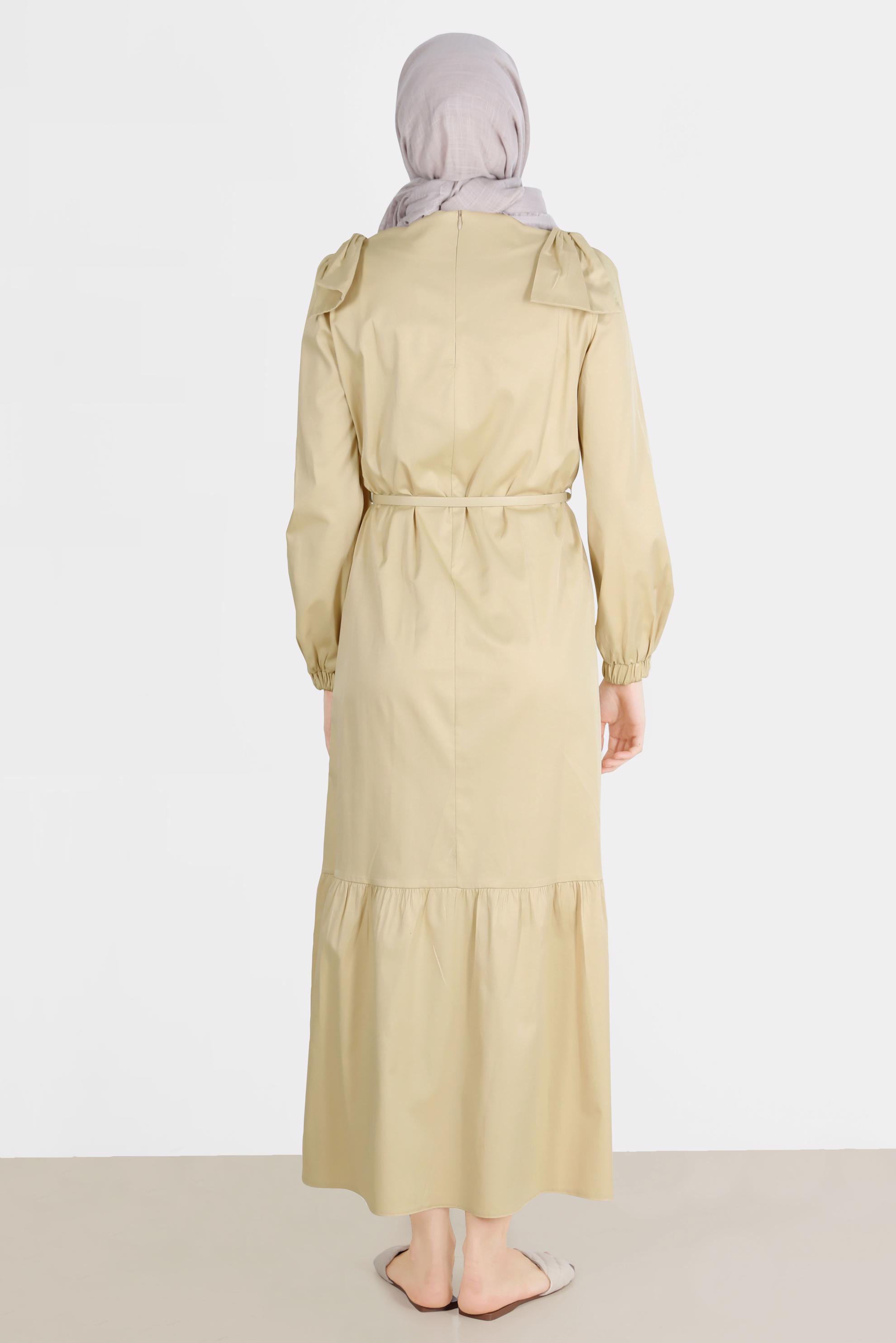 Tesettür giyim KUM PAMUK DOKULU KEMERLİ ELBİSE 42615 