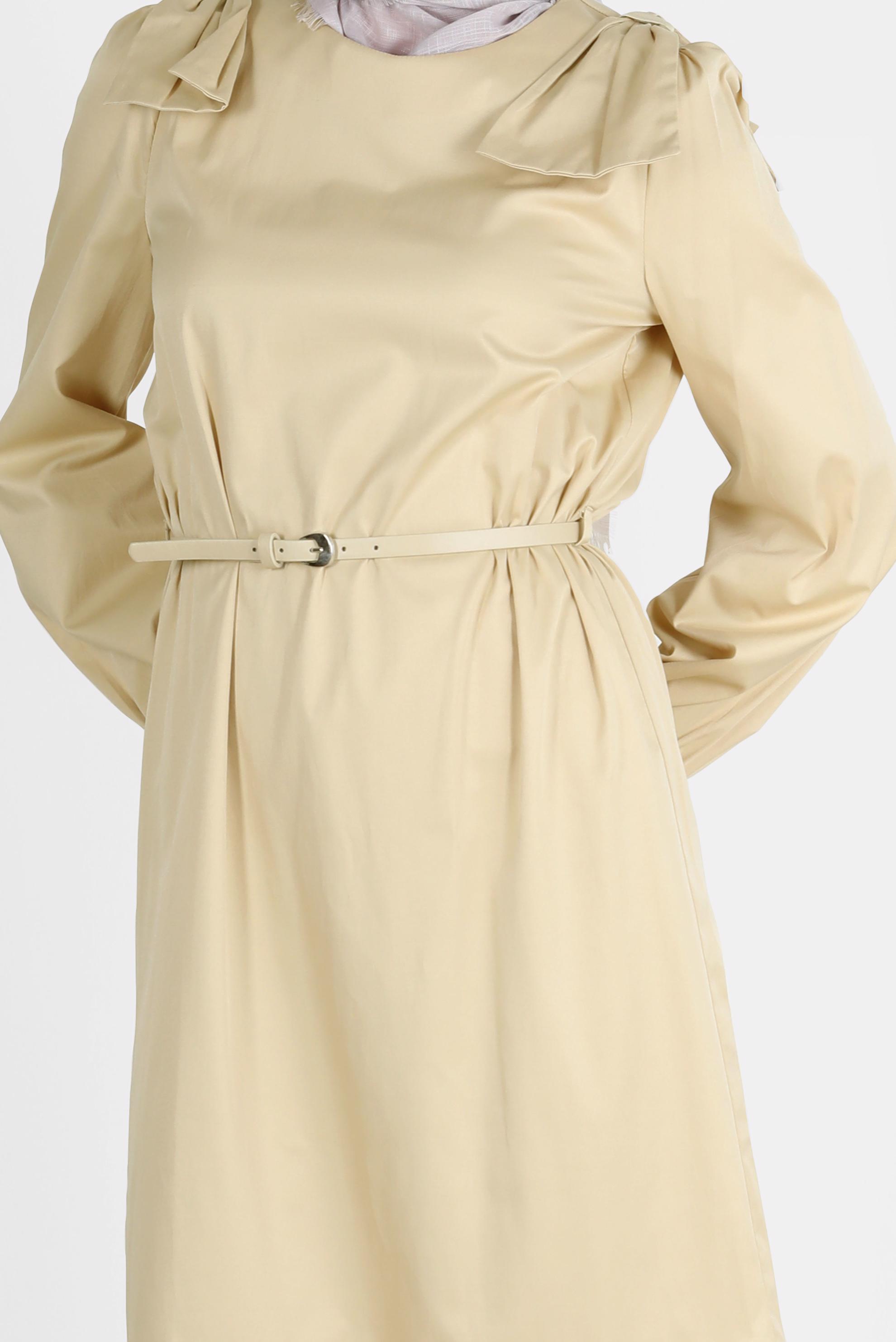 Tesettür giyim KUM PAMUK DOKULU KEMERLİ ELBİSE 42615 