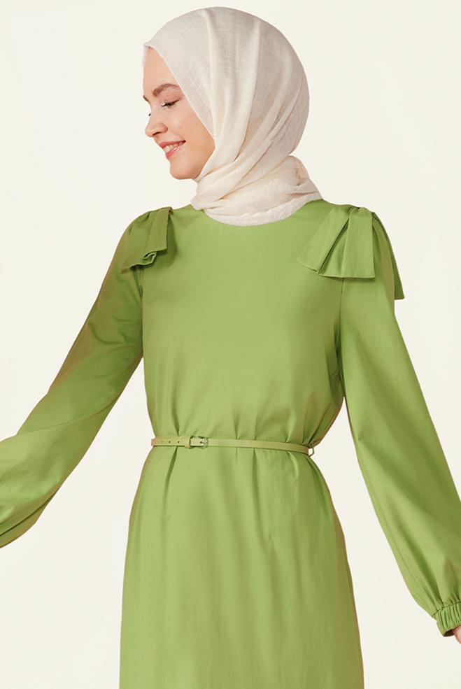 Tesettür giyim  PAMUK DOKULU KEMERLİ ELBİSE 42615  - ALVİNA