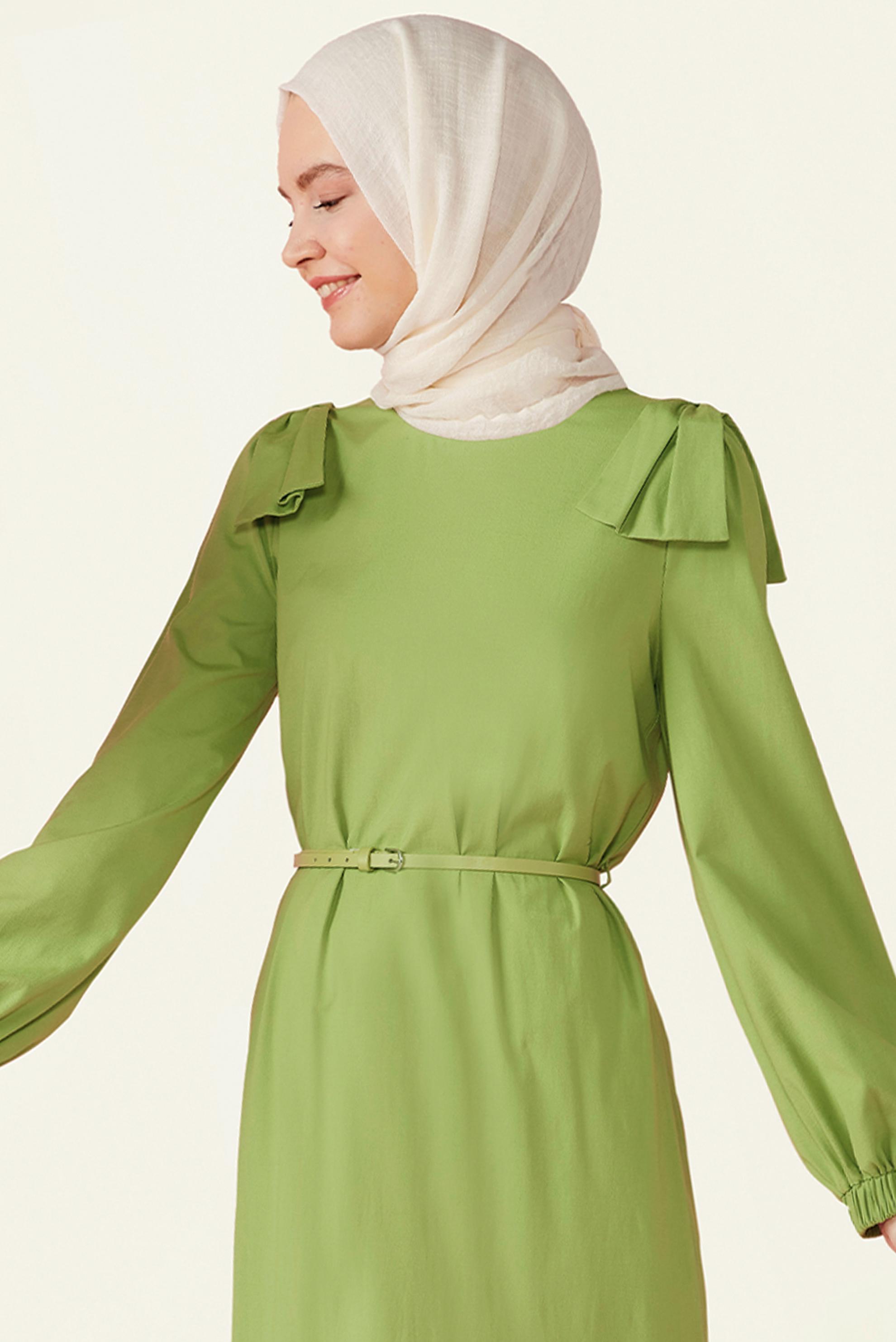 Tesettür giyim YEŞİL PAMUK DOKULU KEMERLİ ELBİSE 42615 