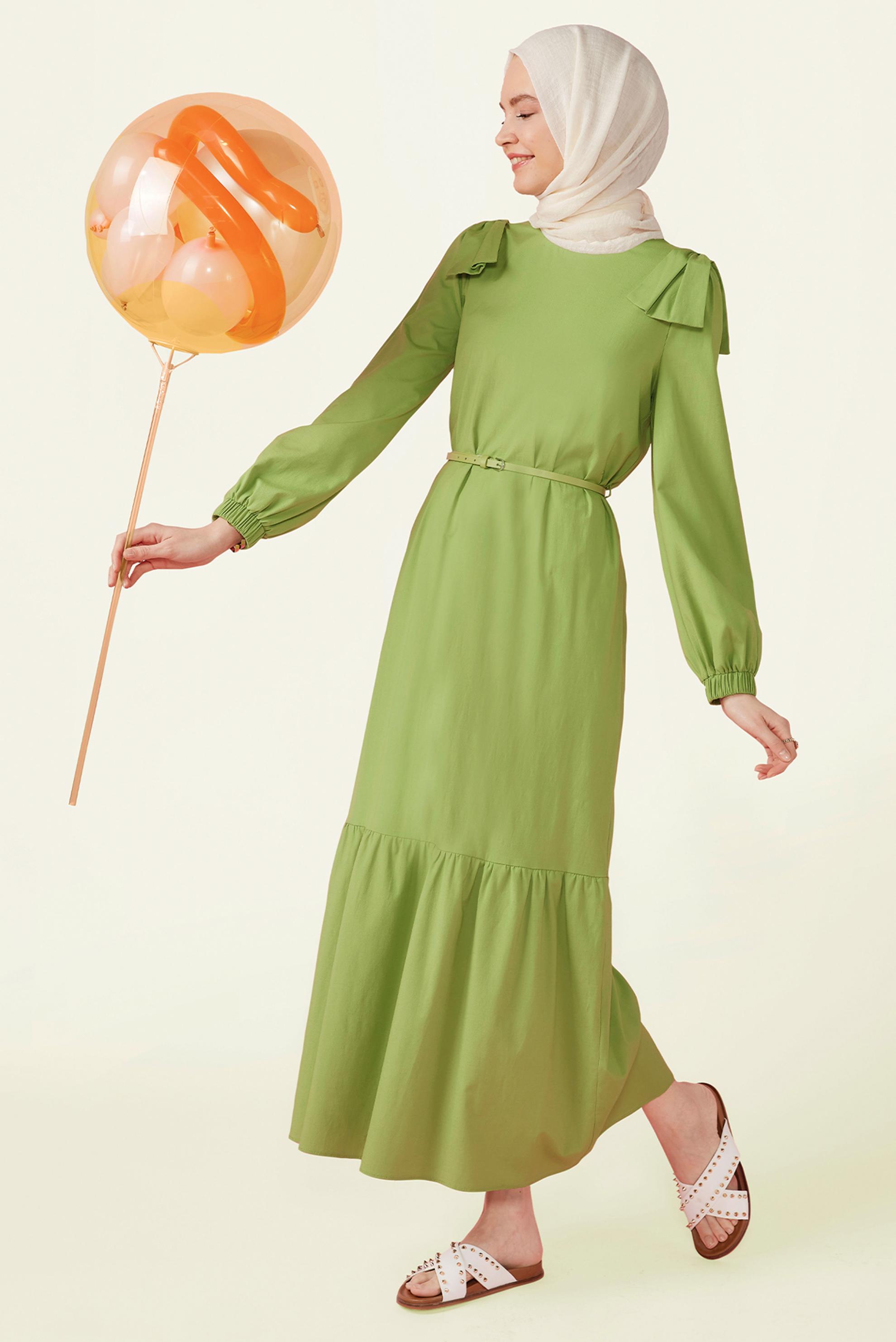 Tesettür giyim YEŞİL PAMUK DOKULU KEMERLİ ELBİSE 42615 