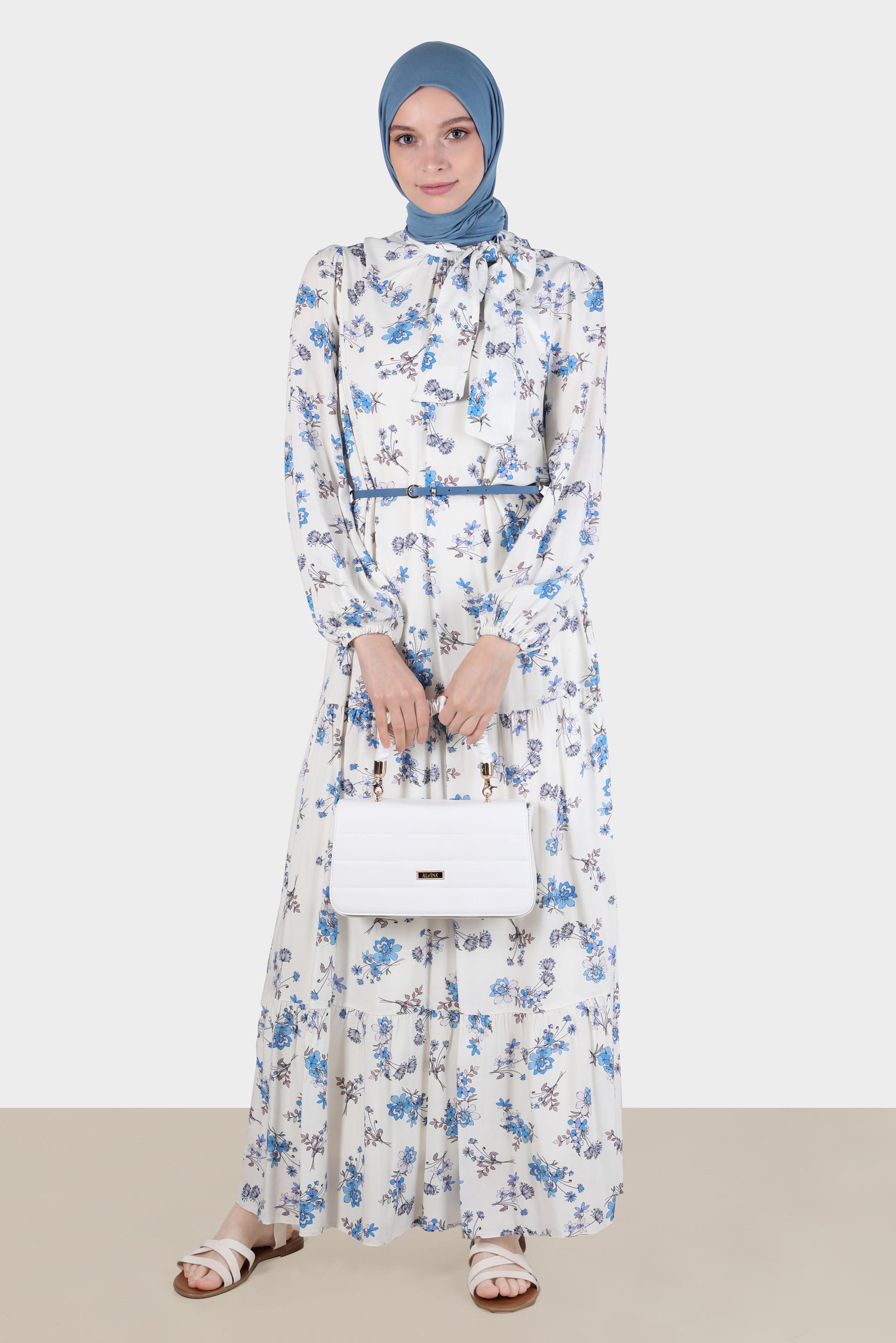 Tesettür giyim MAVİ BAĞLAMA DETAYLI ÇİÇEKLİ VİSKOZ ELBİSE 42617 