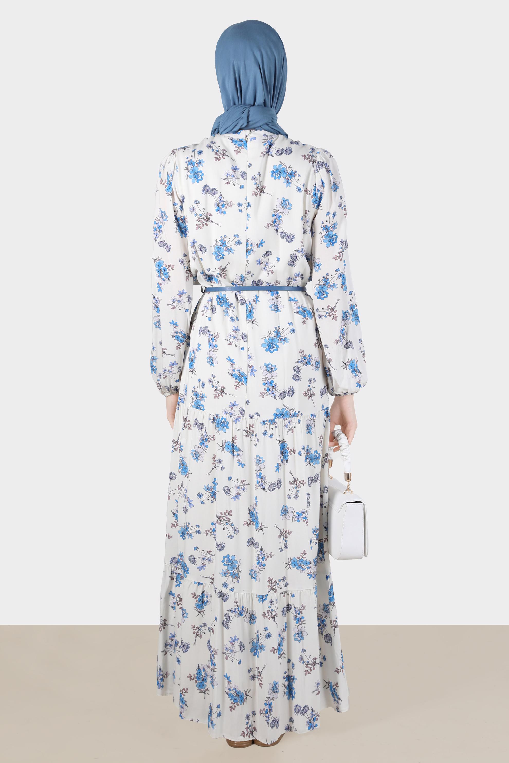 Tesettür giyim MAVİ BAĞLAMA DETAYLI ÇİÇEKLİ VİSKOZ ELBİSE 42617 