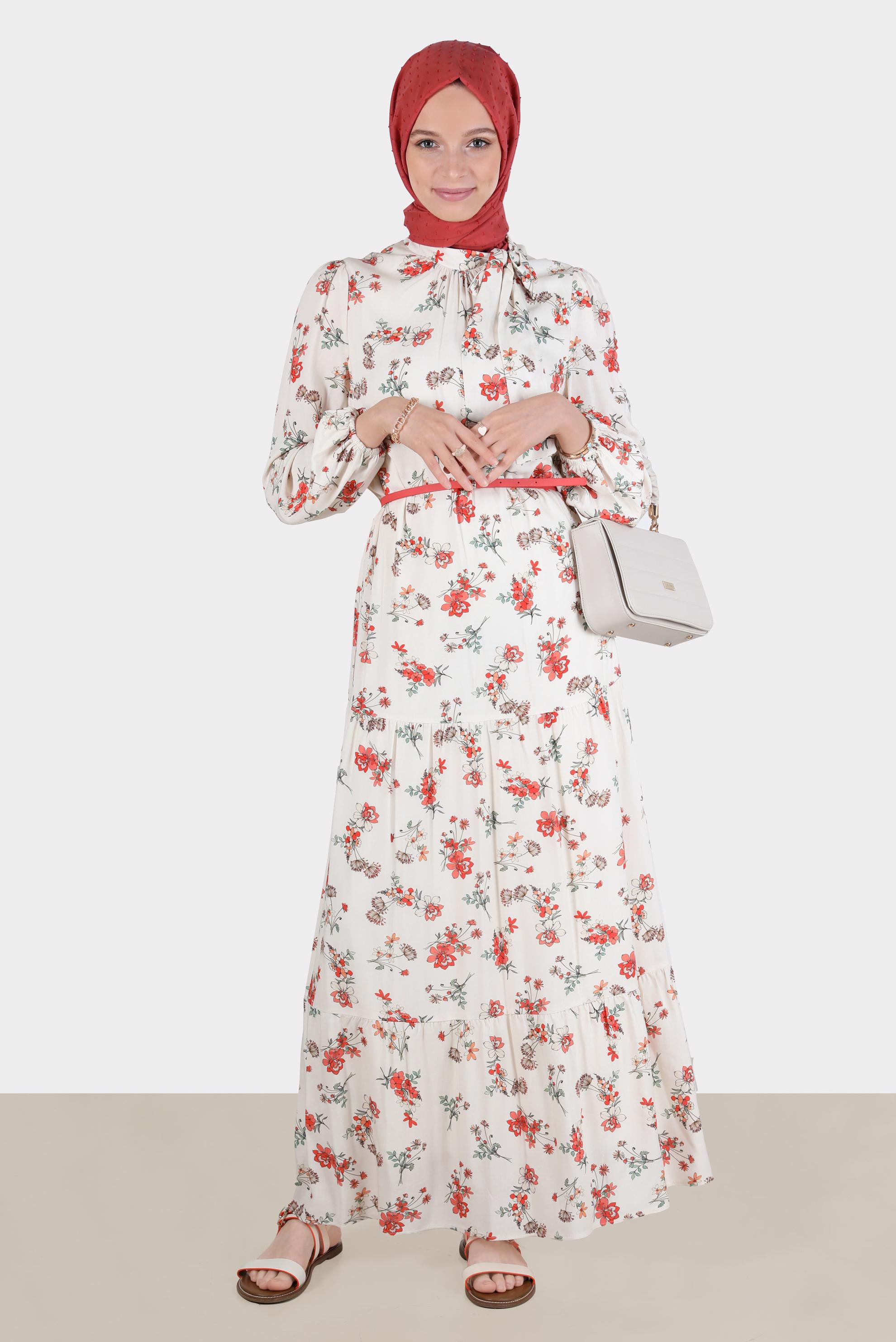 Vêtements hijab ROUGE ROBE EN VISCOSE MOTIF FLEURI DÉTAIL NOUÉ 42617